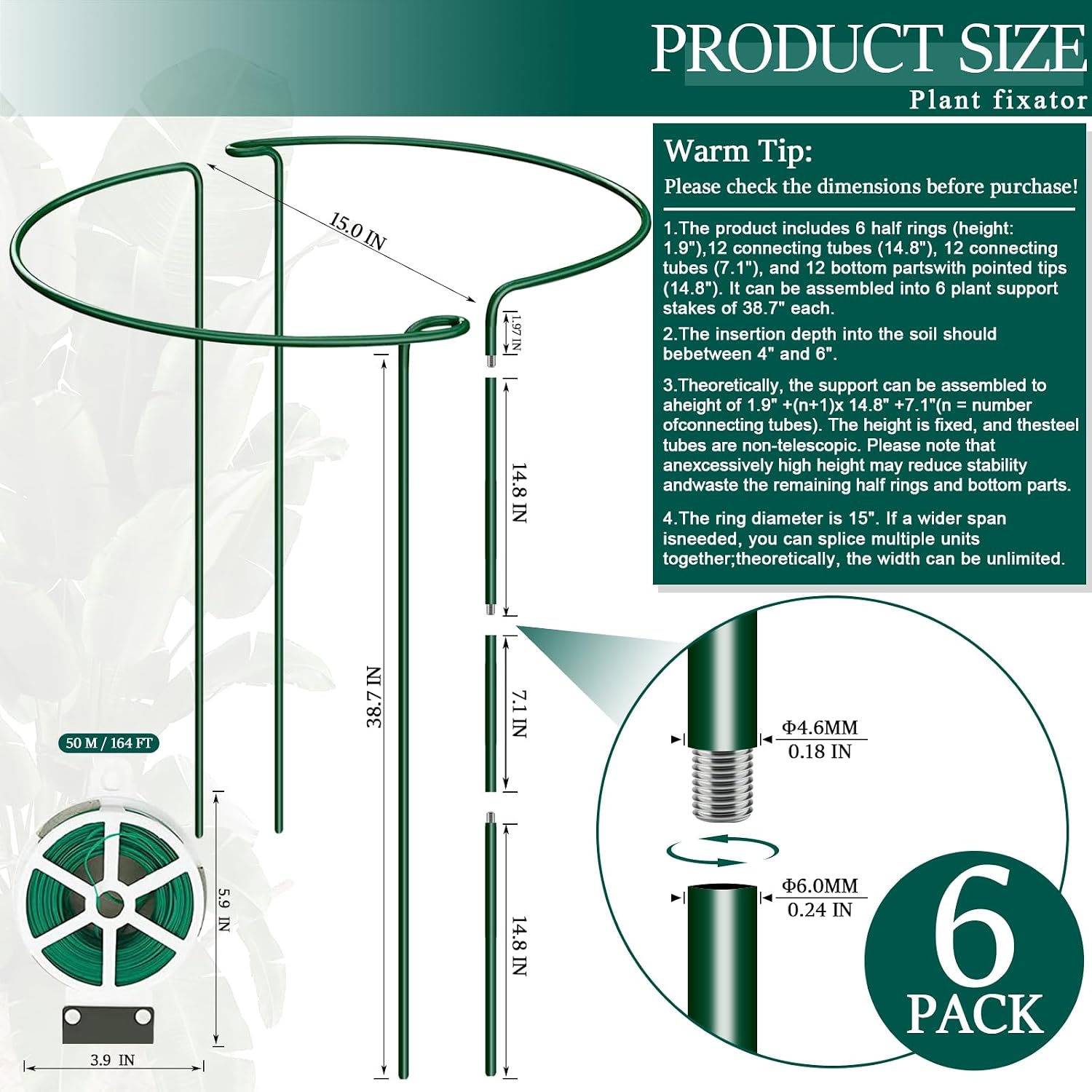6-Pack 38.7” Plant Support Stakes, Steel Plant Cage & Peony Tomato Hydrangea Cage, Garden Stakes for Outdoor Plants