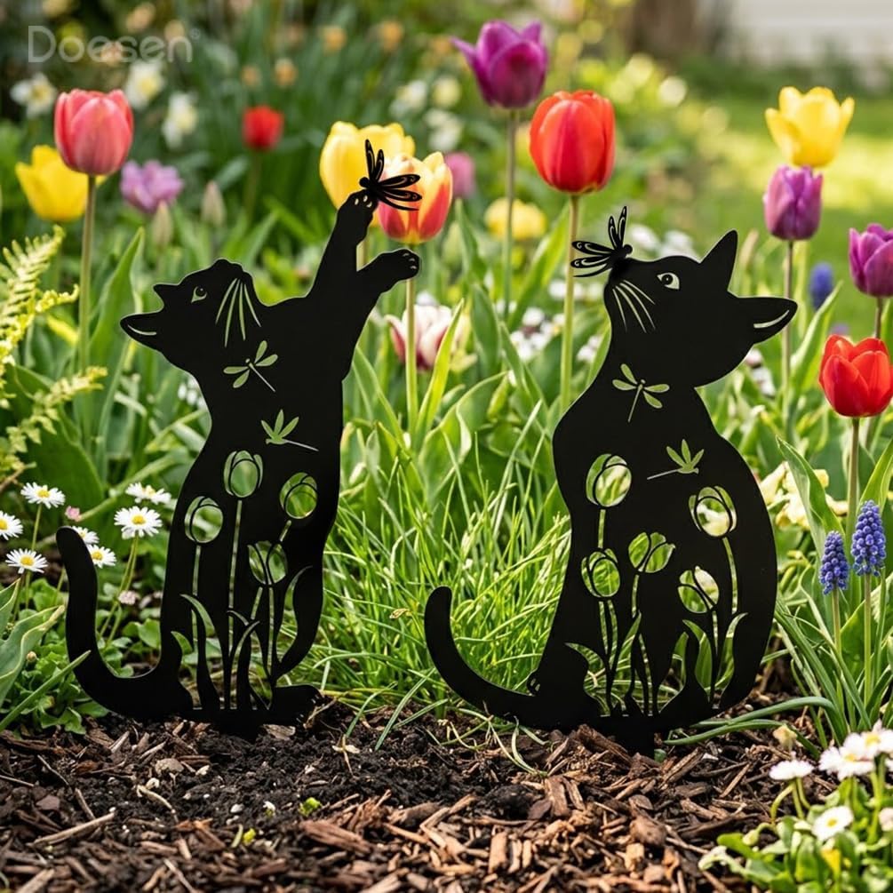 Metal Cat Garden Decor Black Cat Silhouette Yard Art Garden Stakes | Rust-proof Metal Black Cat Yard Decor Garden Art