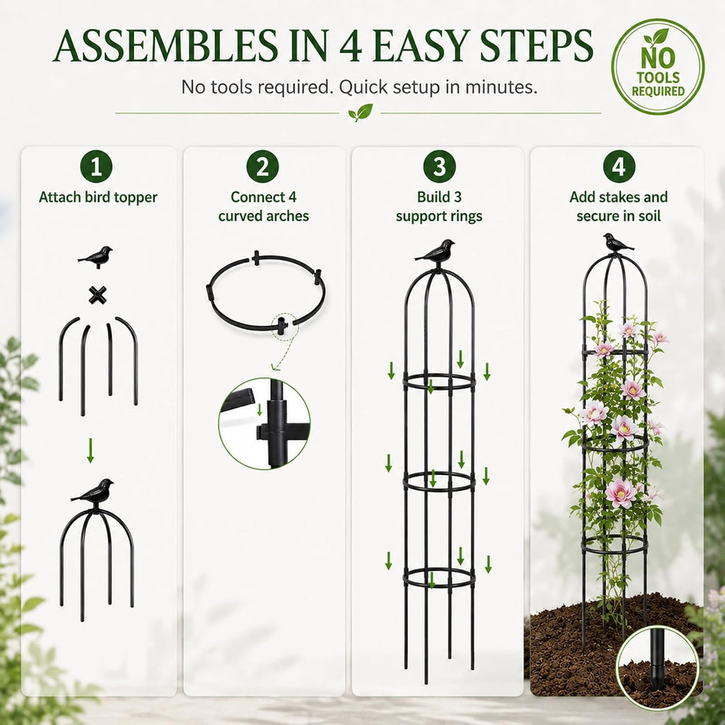 FOLLOOK Garden Obelisk Trellis for Climbing Plants Outdoor, 2 Pack | 67 Inch Lightweight Round Plant Support for Roses
