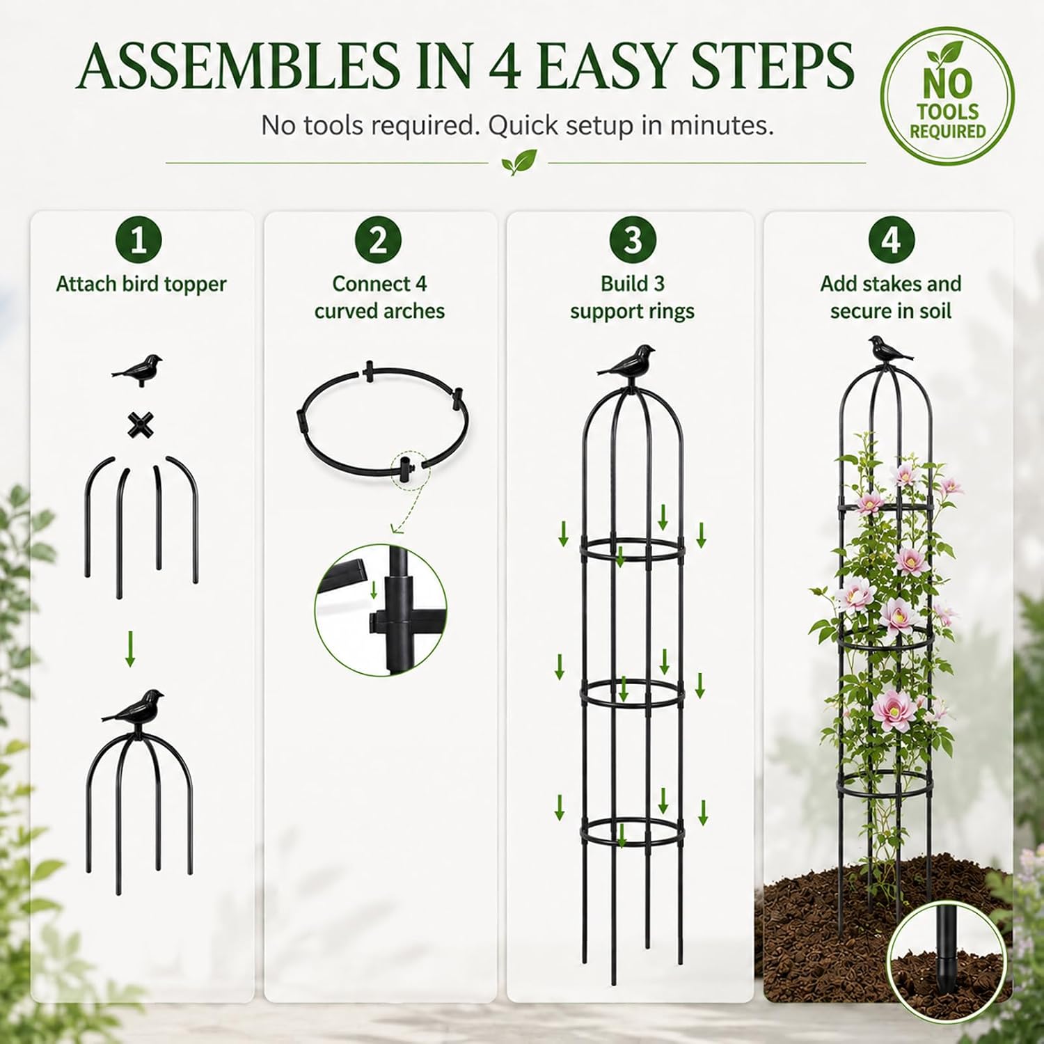 FOLLOOK Garden Obelisk Trellis for Climbing Plants Outdoor, 2 Pack | 67 Inch Lightweight Round Plant Support for Roses