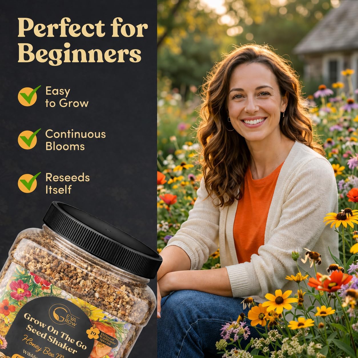 Bulk Wildflower Seed Mix – Honey Bee Wildflower Seed Mix 1 Pound Tub by GevaGrow | Bulk 300,000+ Seed Tub | 19 Variety