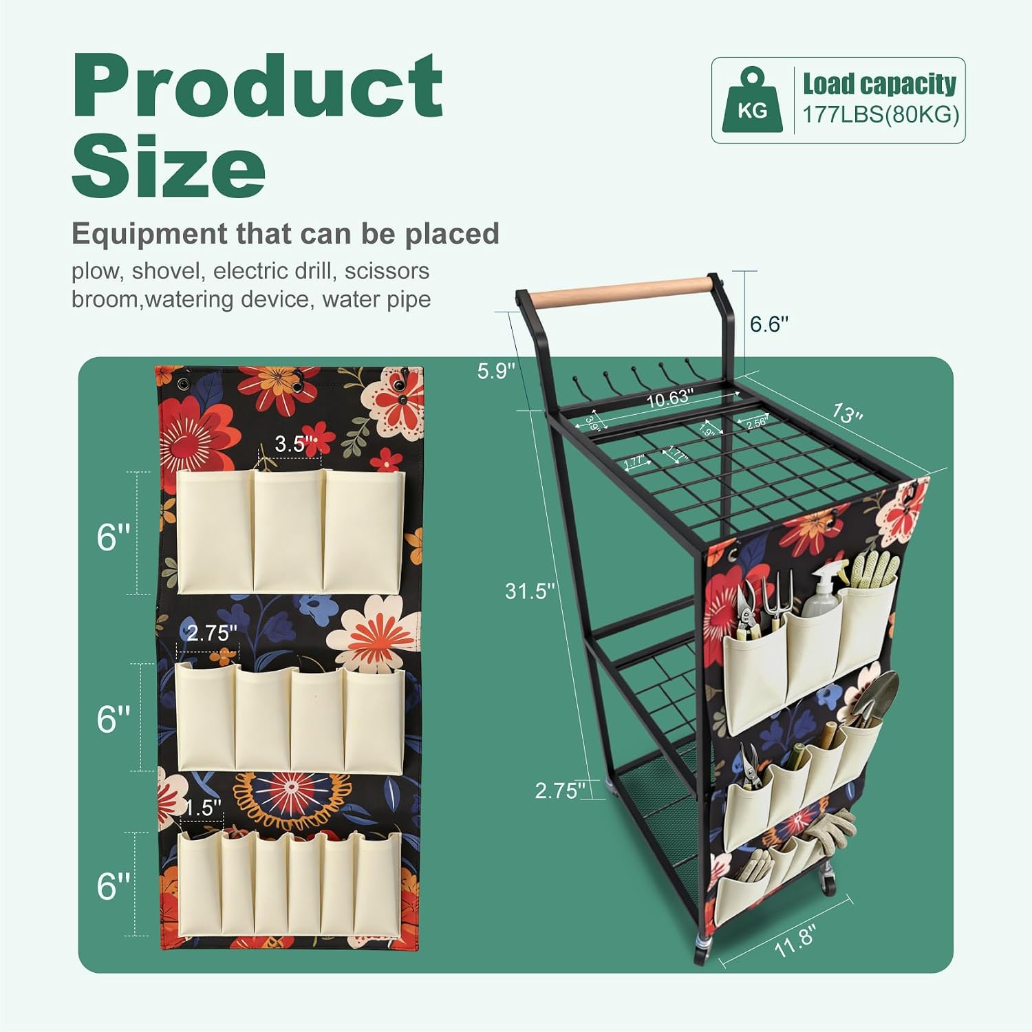 Garden Tool Organizer with Wheels 3 Tier Yard Tool Organizer Rack with Side Storage Pockets Sturdy Metal Steel Holder