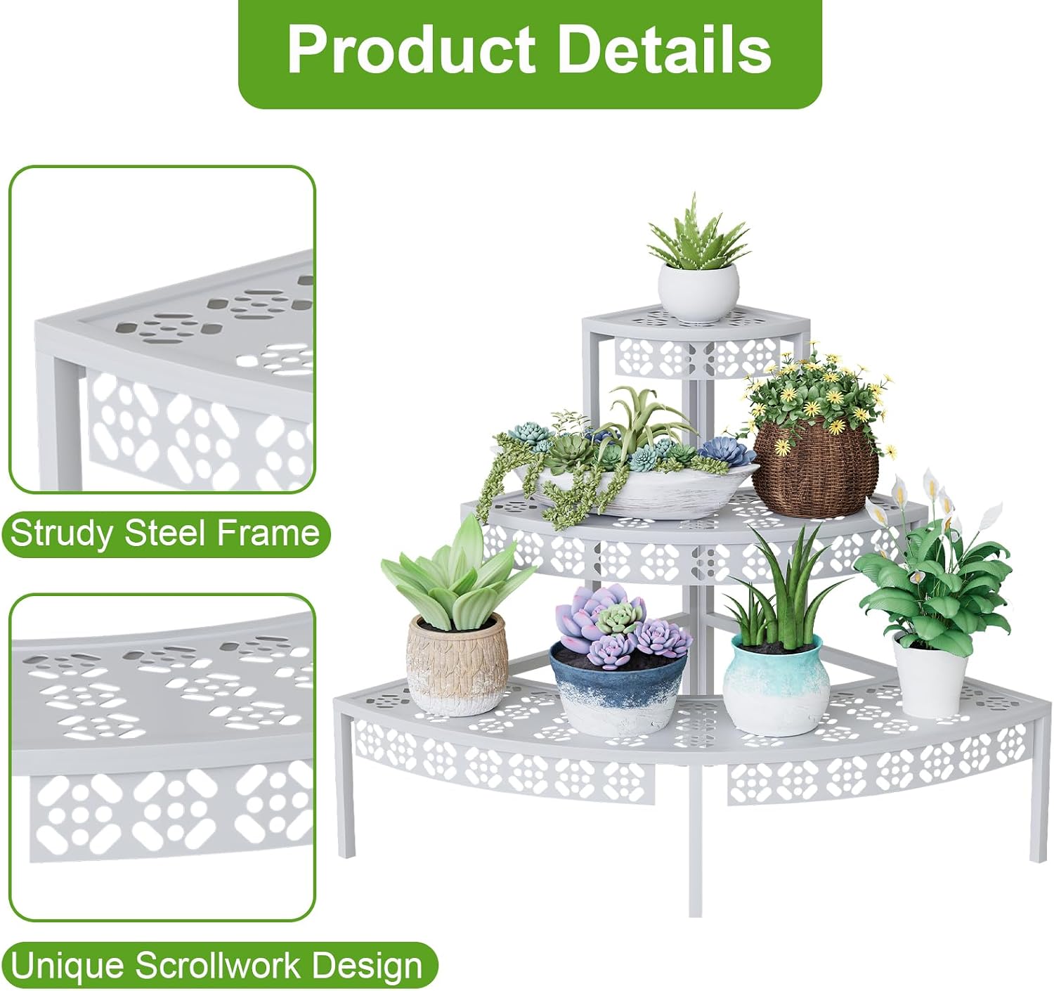 3-Tier Semi-Circular Metal Plant Stand, Quarter Round Rack | Semi-circular quarter-round design,3-tier stair style for