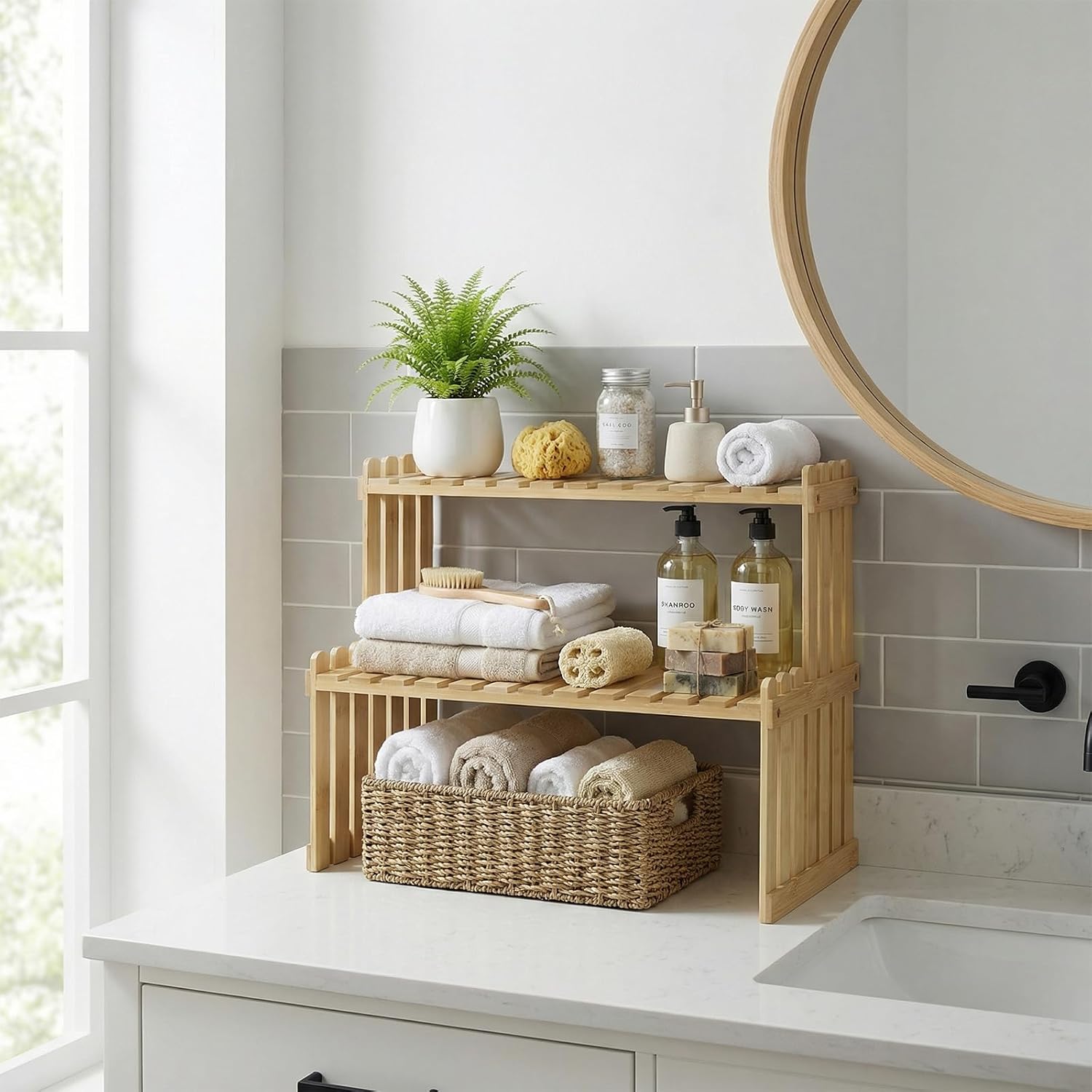 MyGift Bamboo Desktop Plant Stand, 2 Tier Slatted Shelf Organizer Rack | Natural bamboo stand adds two tiers for