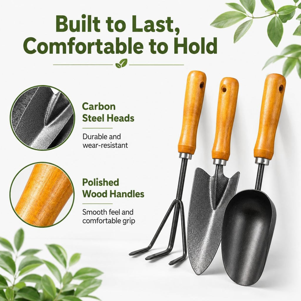 3-in-1 Heavy Duty Gardening Tools Kit, Premium Carbon Steel Garden Hand Tools with Ergonomic Wooden Handle Includes