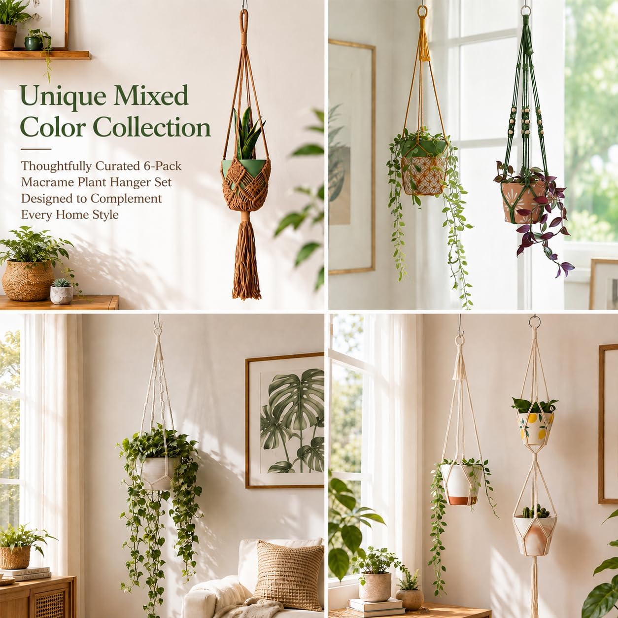 Bouqlife 6 Pack Macrame Plant Hangers Set with Hooks Indoor Hanging Planters with Patterns Handmade Cotton Rope Crochet
