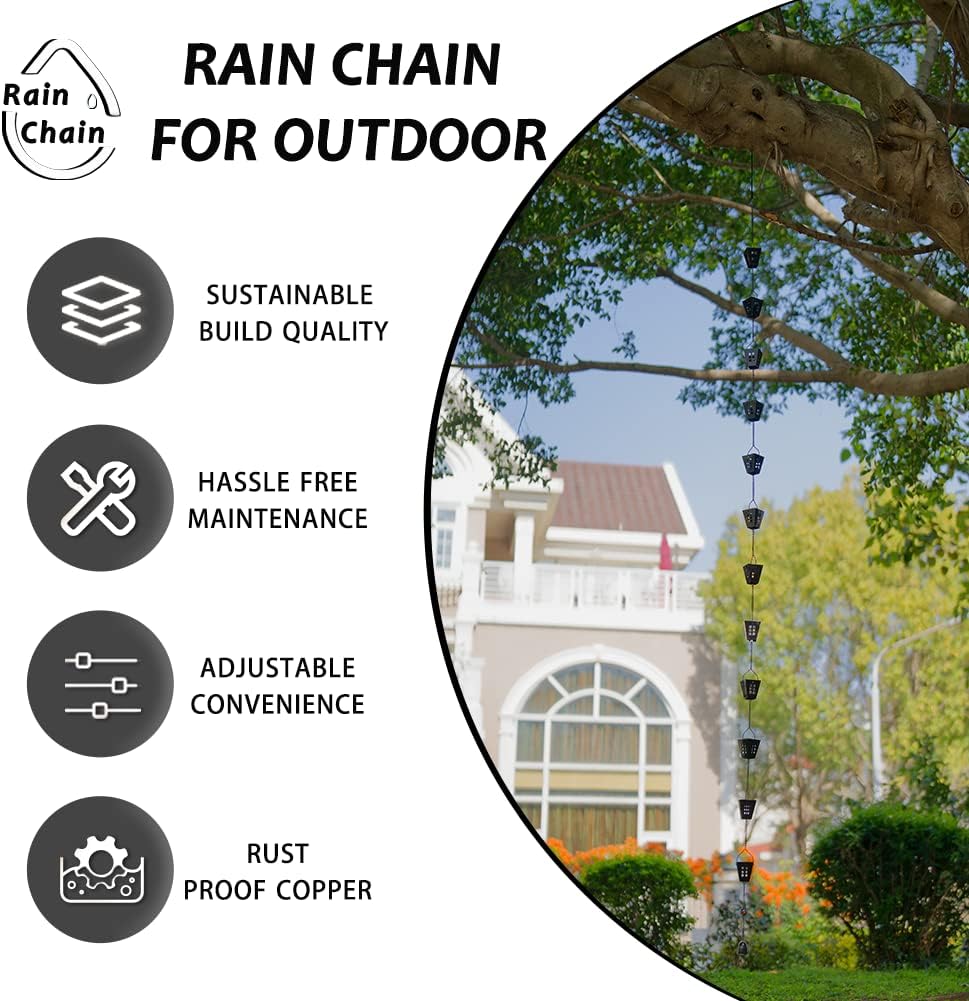 10 Ft Rain Chain, Black Square Rain Gutter Chains with 12 Cups | Adjustable Rain Catcher Chain with Bell for Eaves