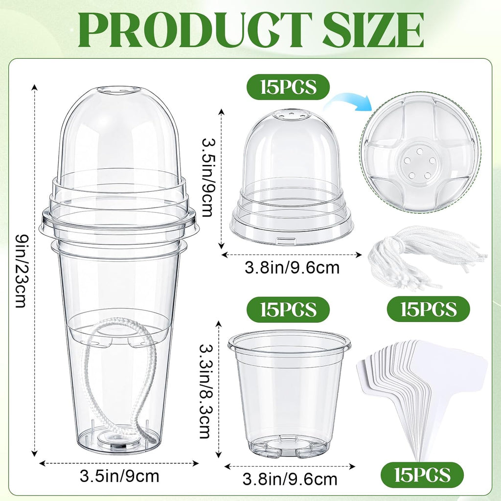 15 Pack 3.5" Self Watering Propagation Pots Clear Plastic | Nursery Cups with Humidity Dome, for Alocasia Corms