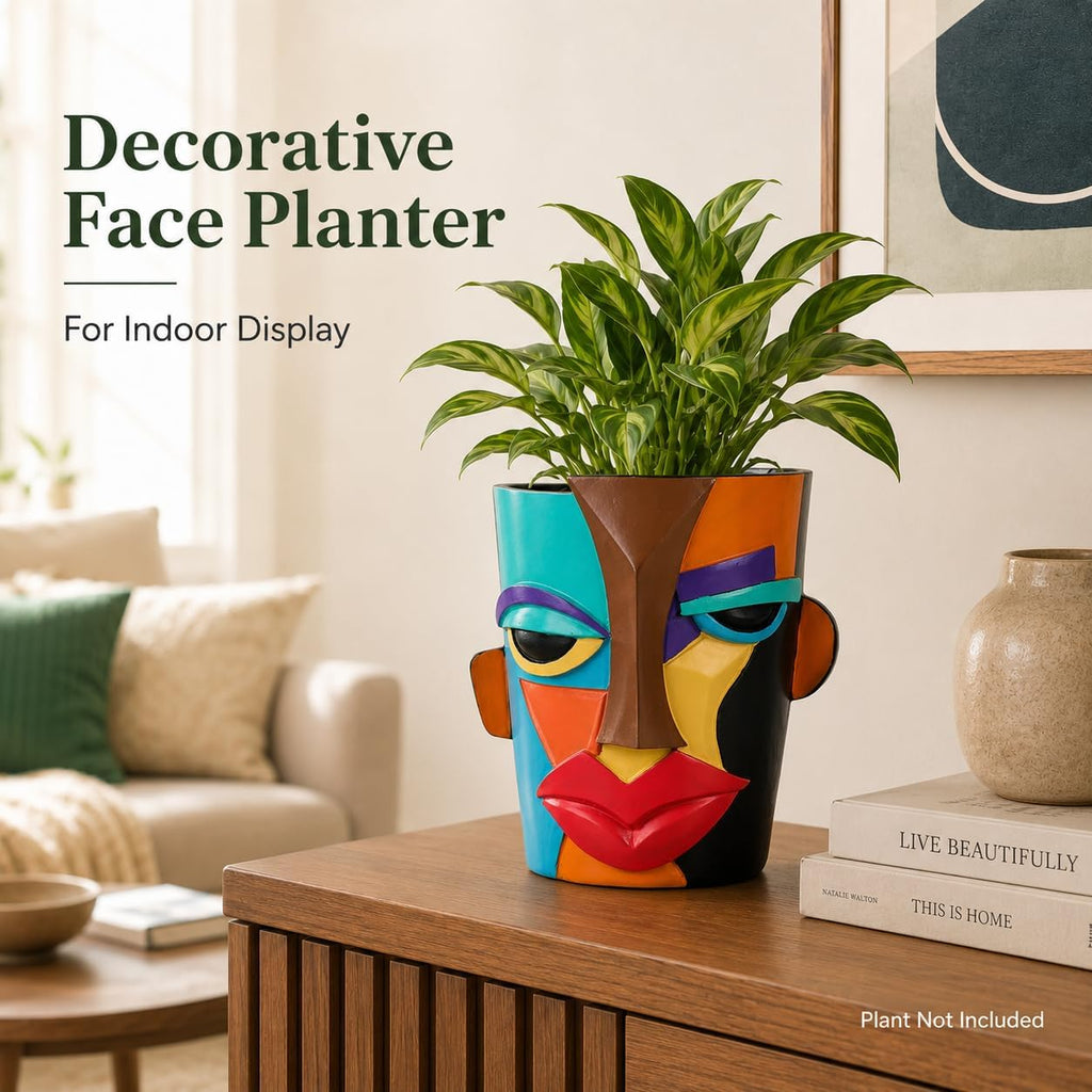 Abstract Face Planter Pot, Modern Face Planter for Indoor Plants, Colorful Cubist-Inspired Resin Plant Pot for