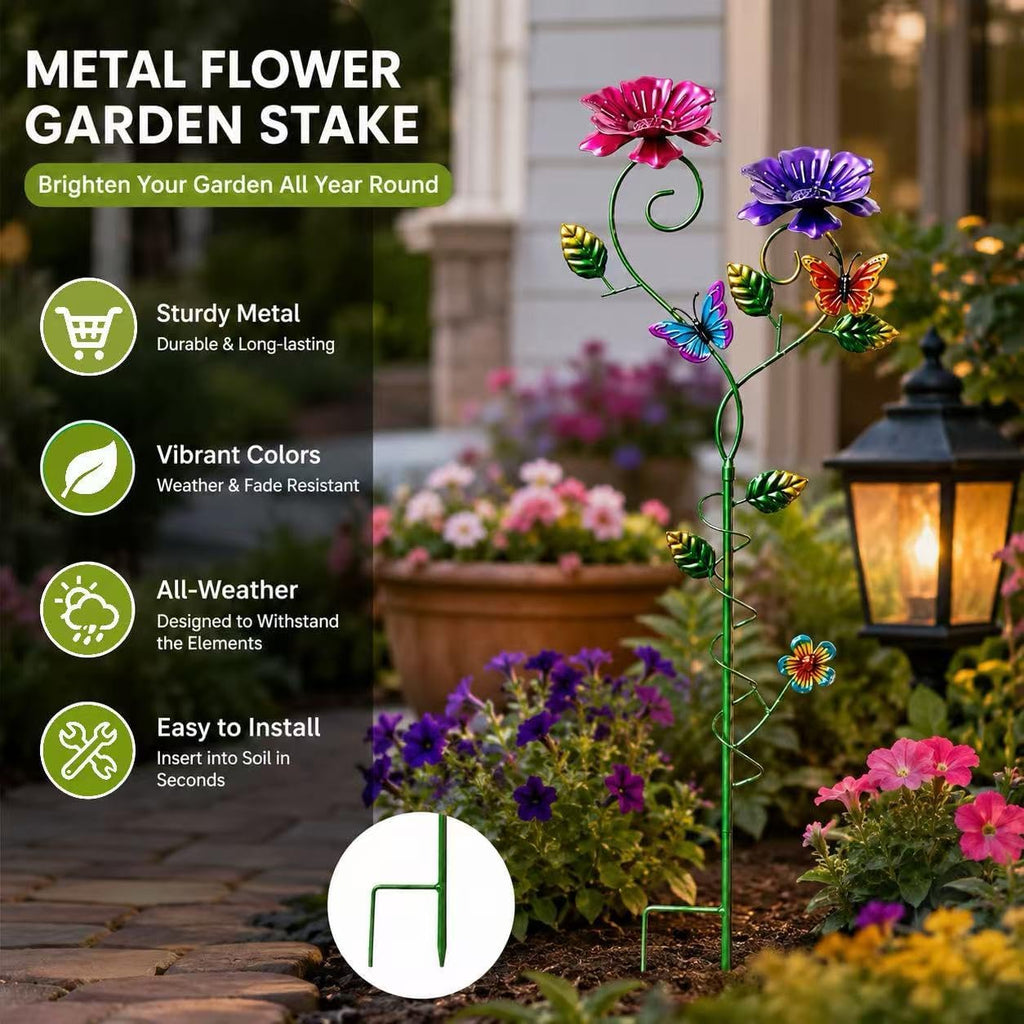 Flower Garden Stakes for Outdoor Yard Patio Lawn Decor | Hand-Painted Uv-Resistant Metal, Butterfly Accents, Spiral