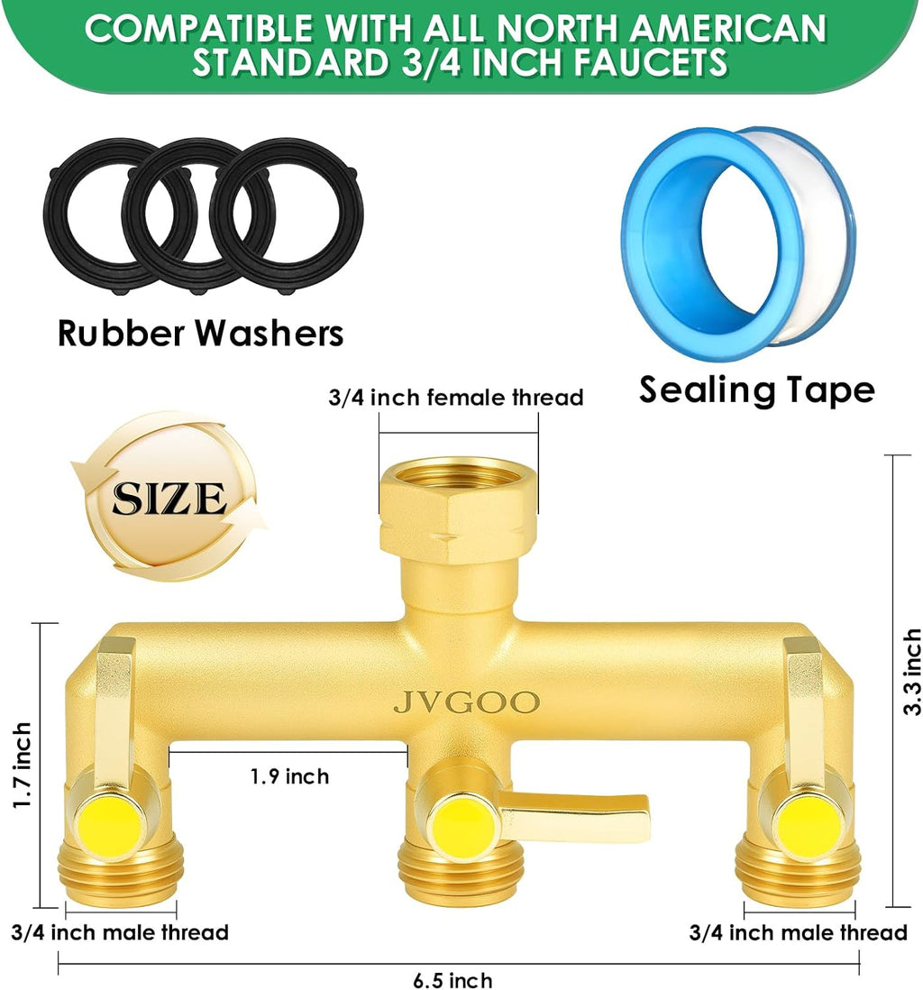 Garden Hose Splitter, Brass 3 Way Hose Splitter, 3/4" Water Hose Splitter 3 Way Heavy Duty with Metal Shutoff Valve and