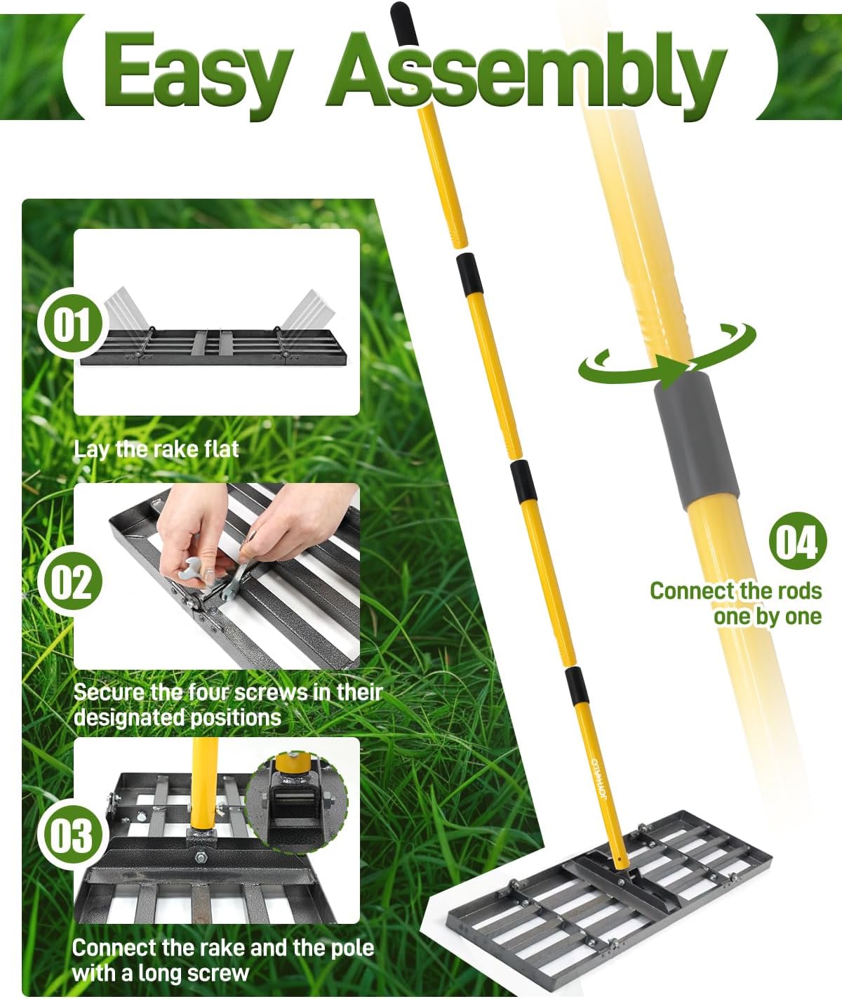 30in Lawn Leveling Rake | Yard Leveling Rake with 78" Adjustable Steel Handle, Heavy Duty Effort Saving Landscape