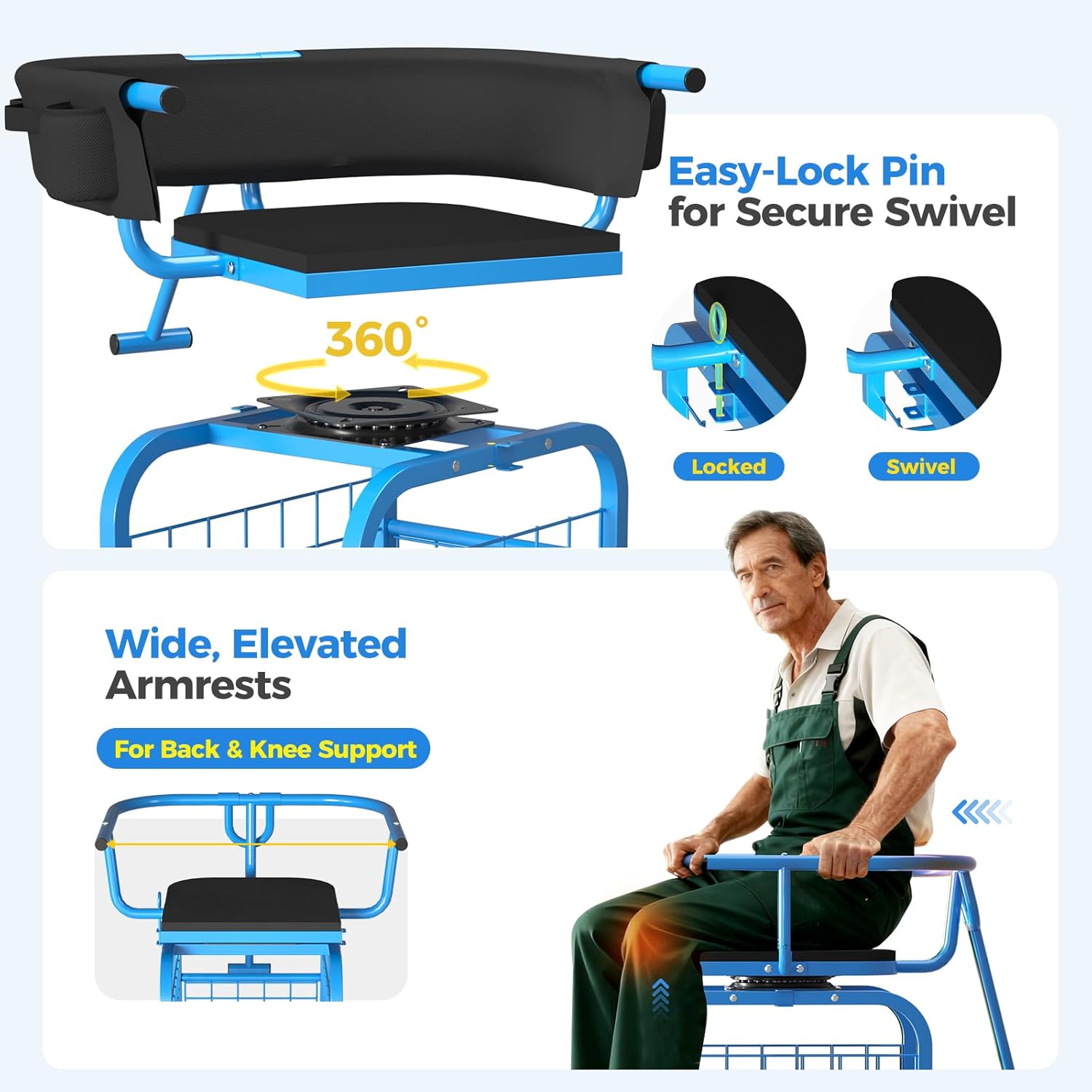 Suntee Garden Seat with Wheels, Rolling Gardening Stool with 360° Swivel Seat & Backrest,Tool Storage Basket & Back