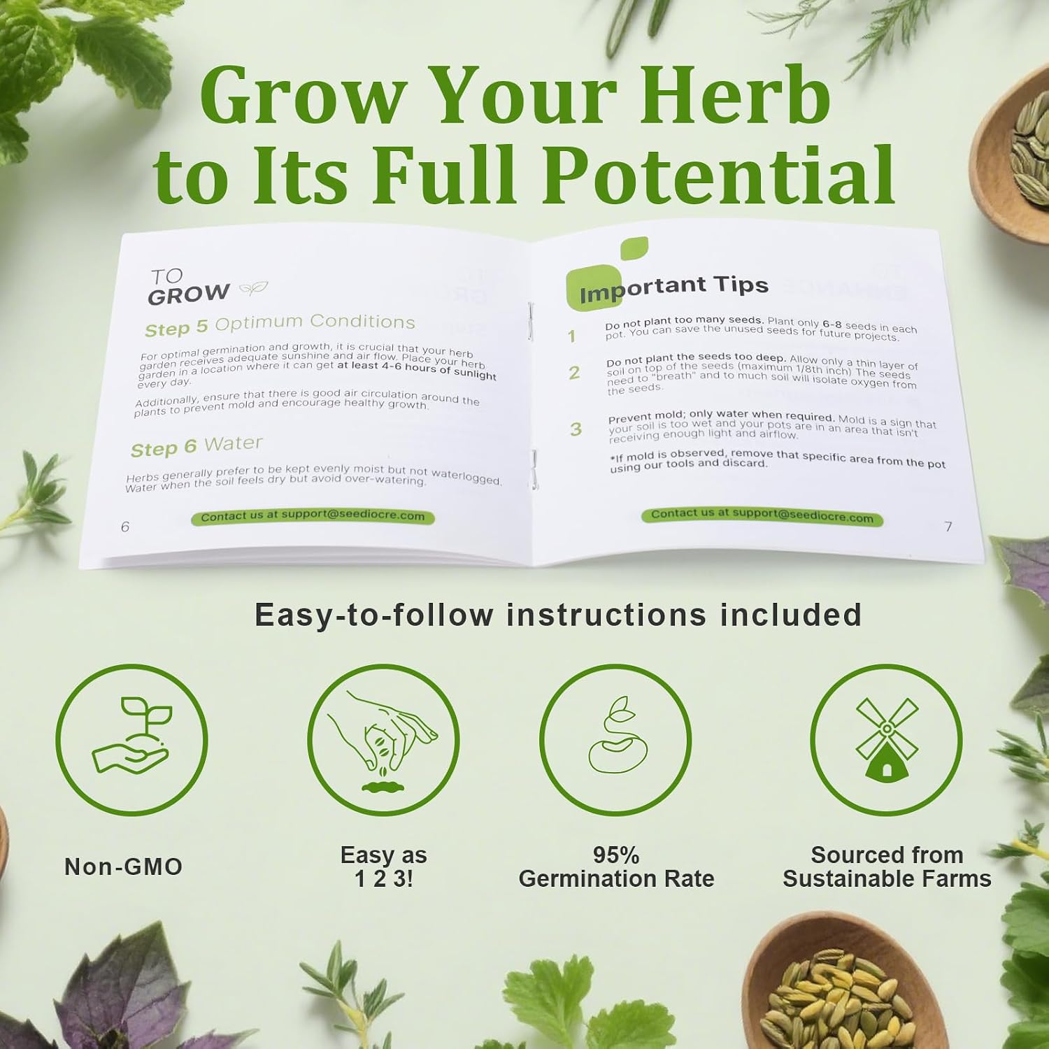 10-Set Indoor Herb Garden Starter Kit, 7 Seeds Growing into Basil, Parsley, Thyme, Mint, Cilantro, Dill, Oregano