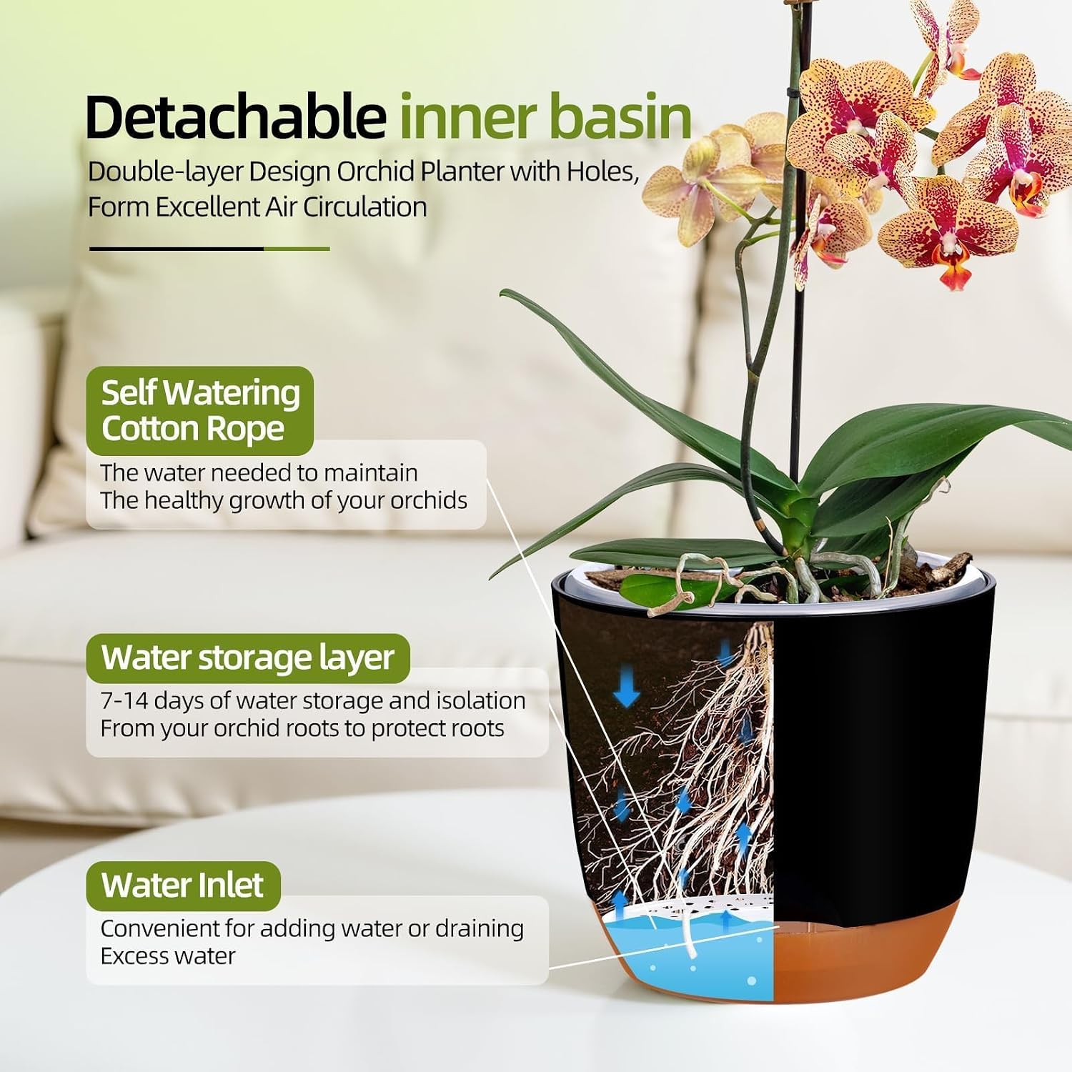 QCQHDU 5.7Inch Orchid Pots with Holes for Repotting, Double-Layer Plastic Self Watering Flower Pots for Indoor Plants