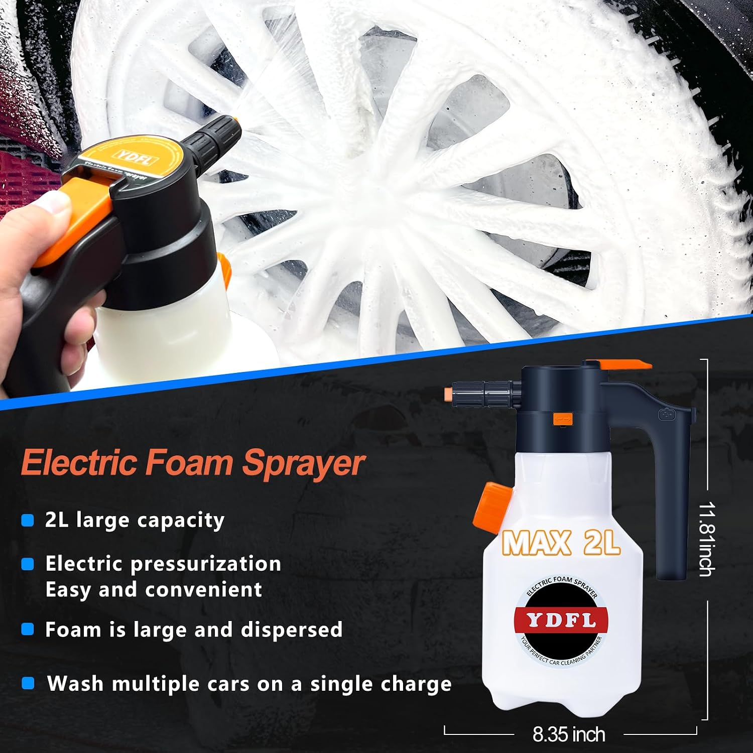 Electric Foam Sprayer,2L Pump Sprayer, Pressurized Sprayer with Charge for Home, Garden and Car Beauty and Cleaning