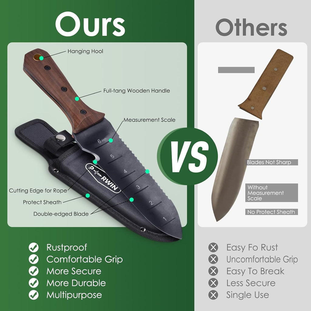 PERWIN Hori Hori Garden Knife, Garden Tools with Sheath for Weeding, Planting, Digging, 7" Stainless Steel Blade with