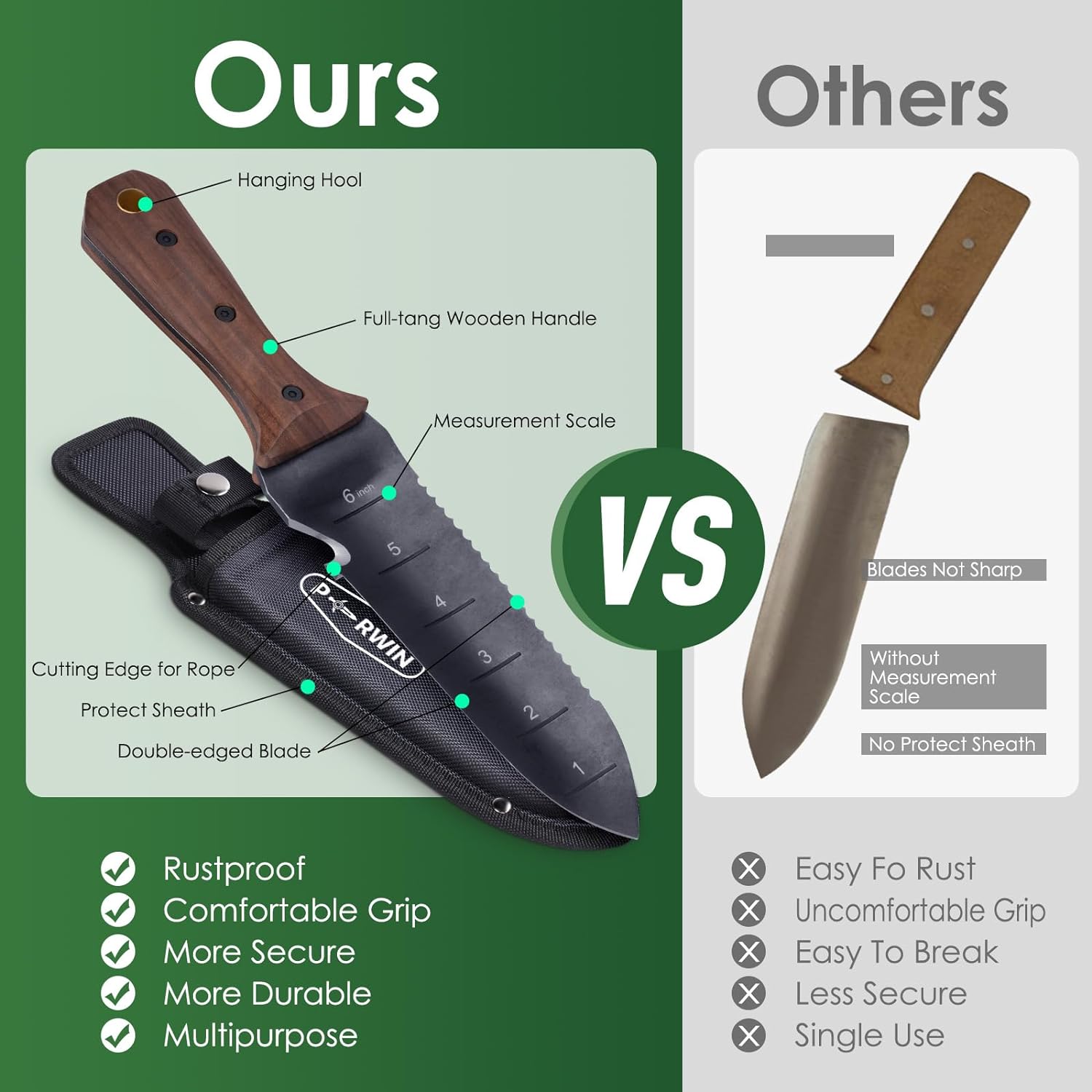 PERWIN Hori Hori Garden Knife, Garden Tools with Sheath for Weeding, Planting, Digging, 7" Stainless Steel Blade with