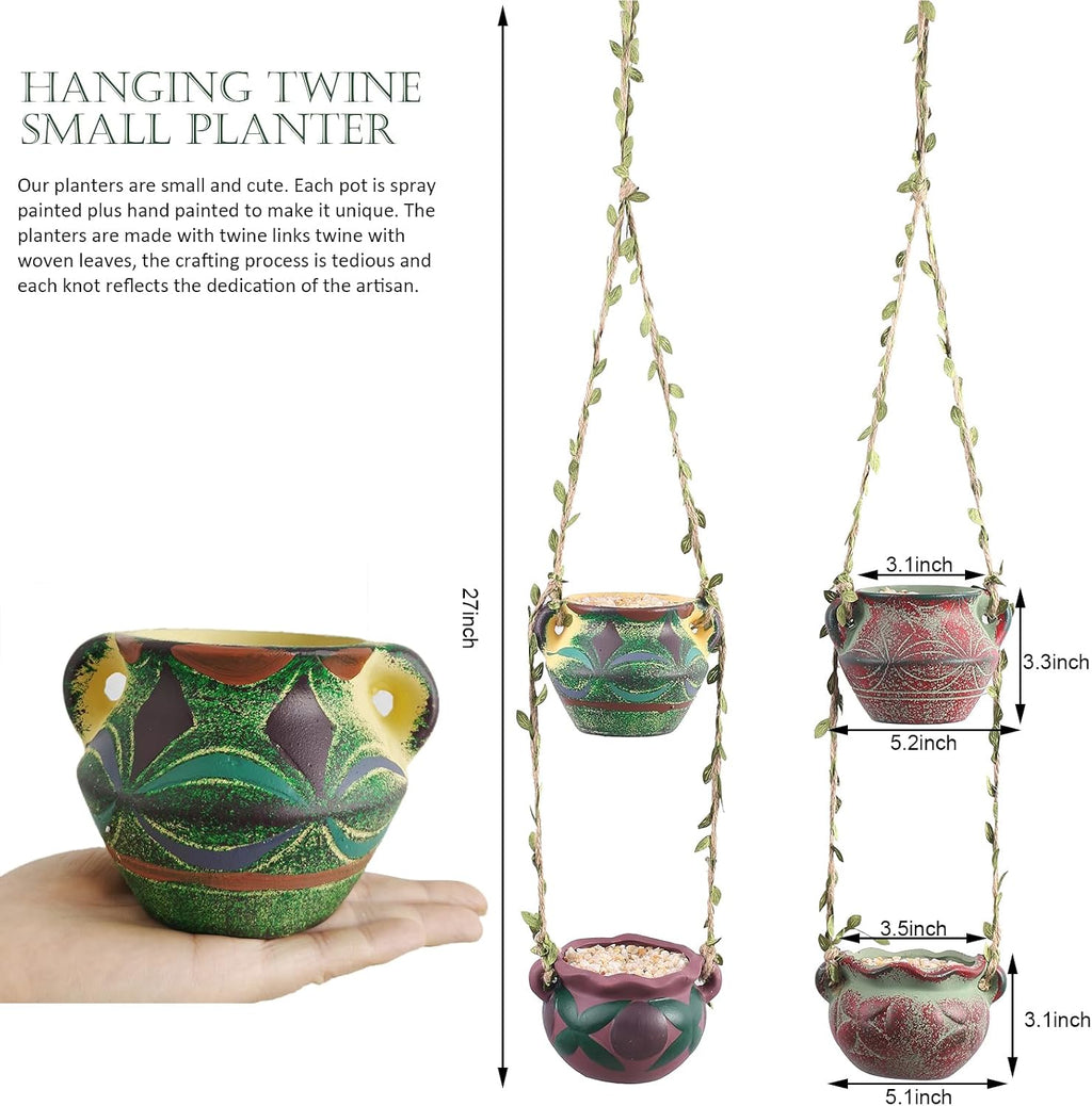 4 Piece Boho Ceramic Hanging Planters with Drainage Holes – Adorable Indoor Outdoor Succulent Flower Pots, Unique Home