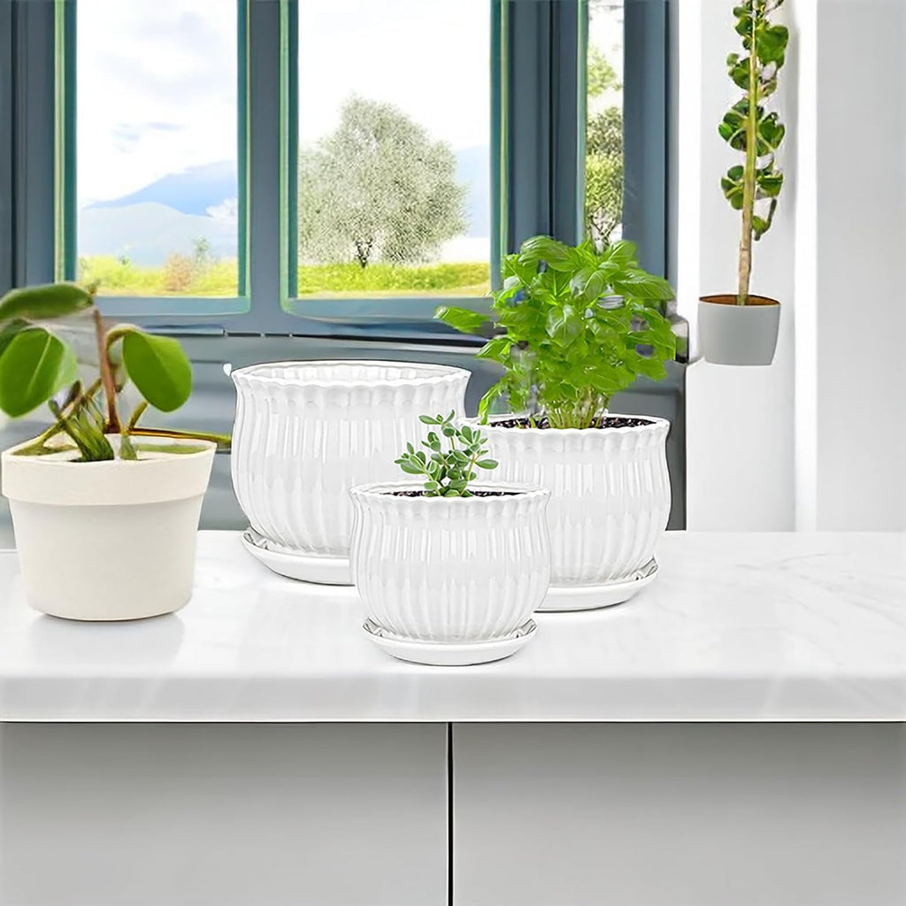 Yesland 3 Pack Ceramic Planter Pots, 3.9"/5.3"/6.7" Modern Round Flower Pots with Drainage Holes & Saucers, Small