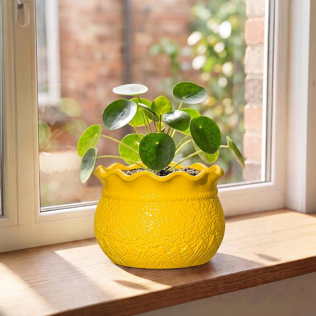 Ceramic Plant Pots, 6 Inch Indoor Planter with Drainage, Yellow | Decorative Flower Pots for Indoor Plants, Unique