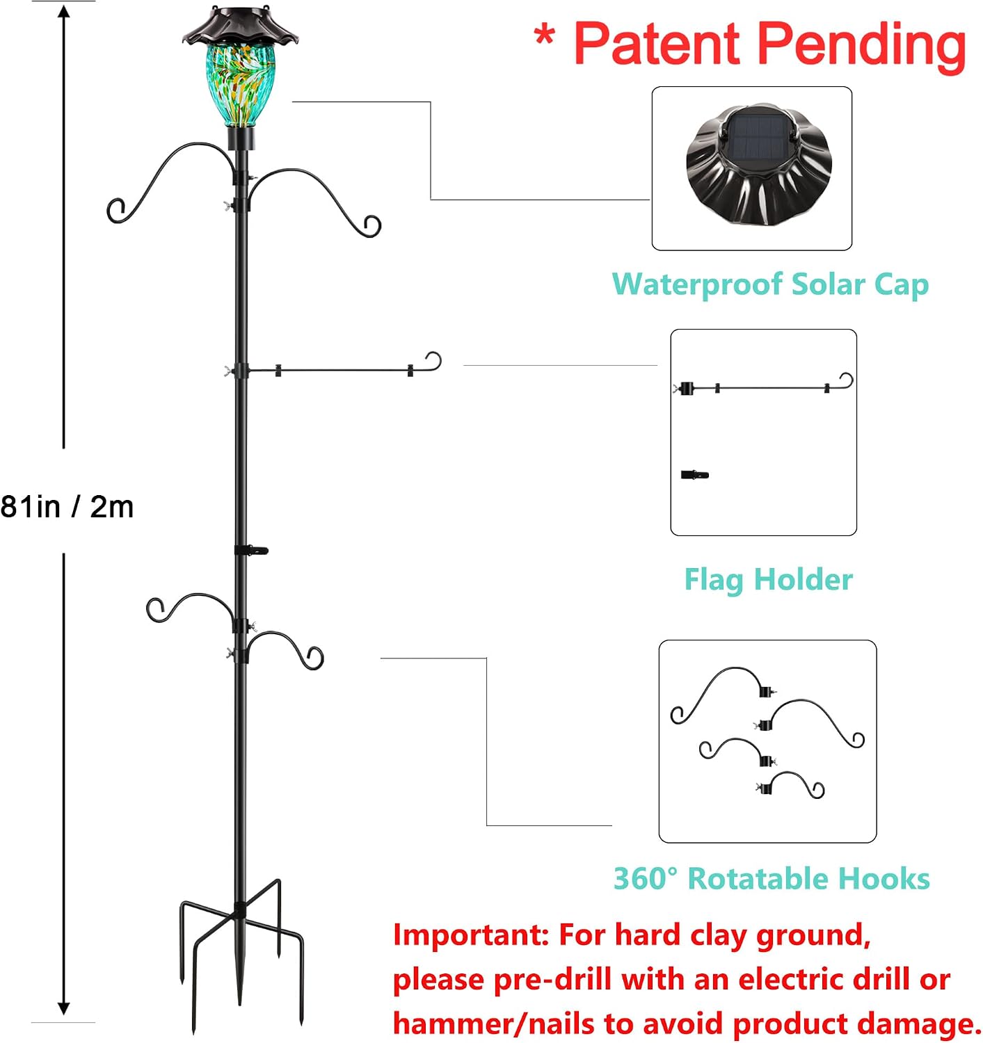 LUJII Solar Shepherds Hooks for Outdoors, Bird Feeder Pole with 4 Adjustable Hangers and 1 Flag Holder, Garden Stand