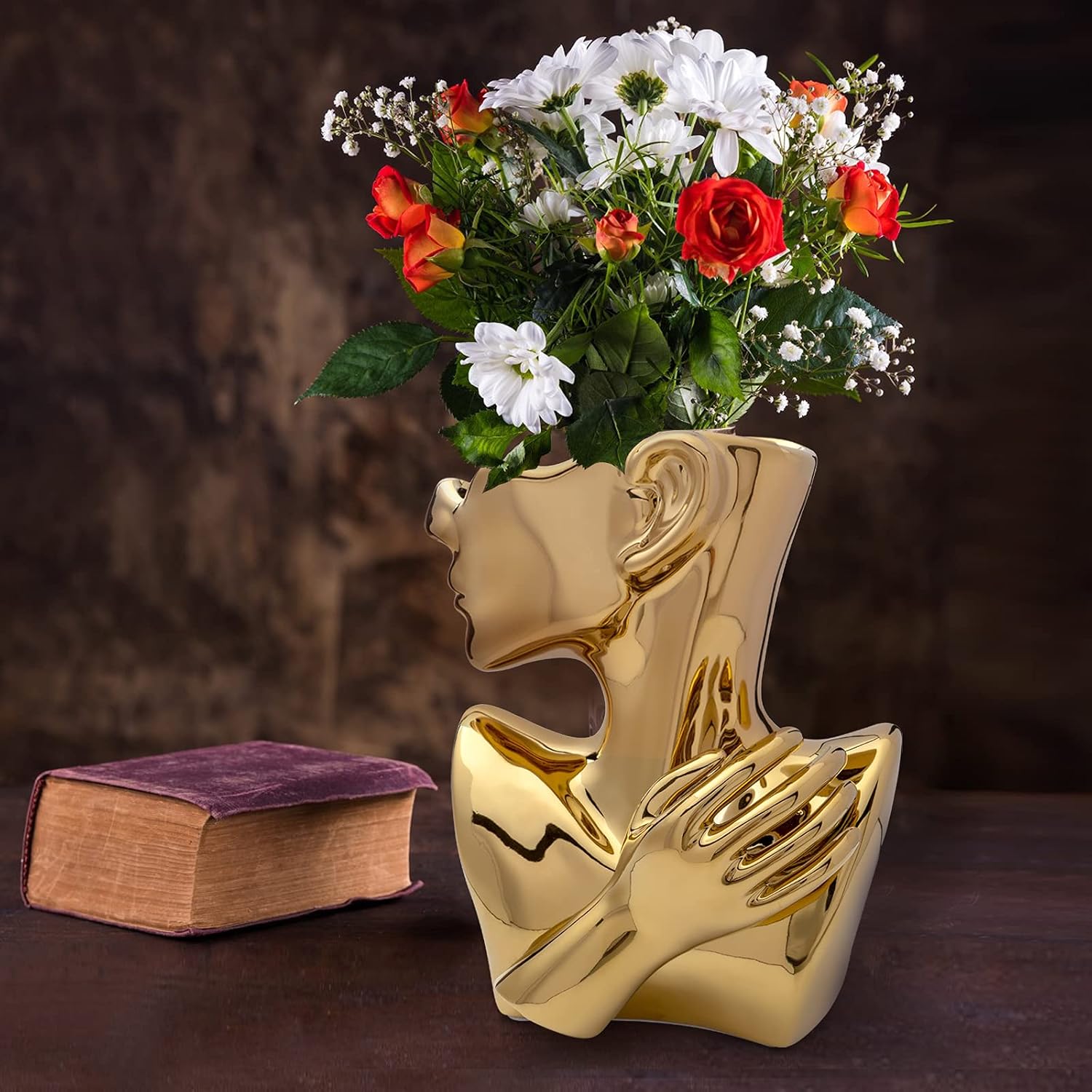Notakia Gold Head Planter Vase - Ceramic Face Bust Pot for Succulent Plants, Modern Home Decor Indoor Flower Pot, 9.84"