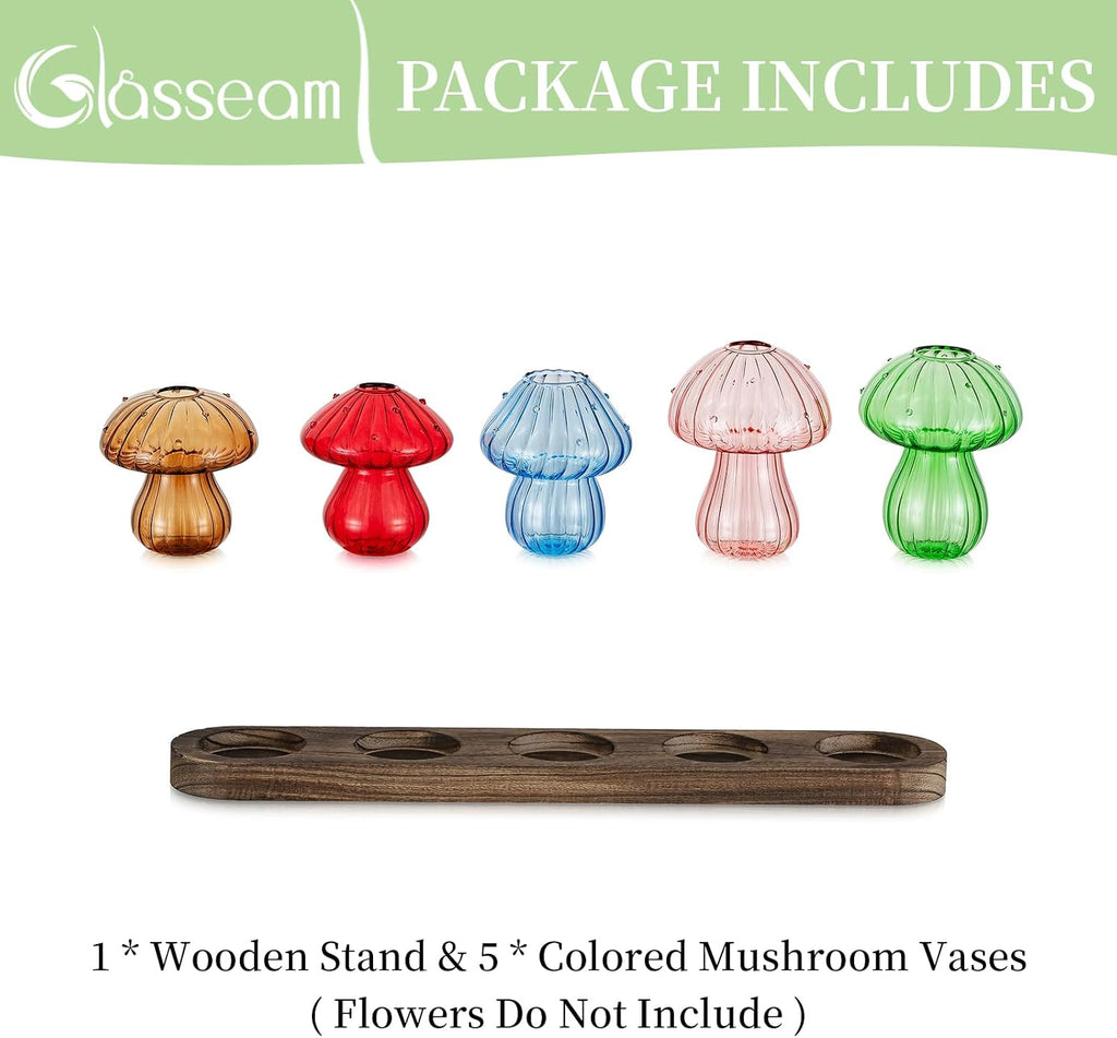 Glasseam Mushroom Glass Plant Propagation Station with Wooden Stand 5Pcs | Colored Handmade Indoor Small Terrarium Jar
