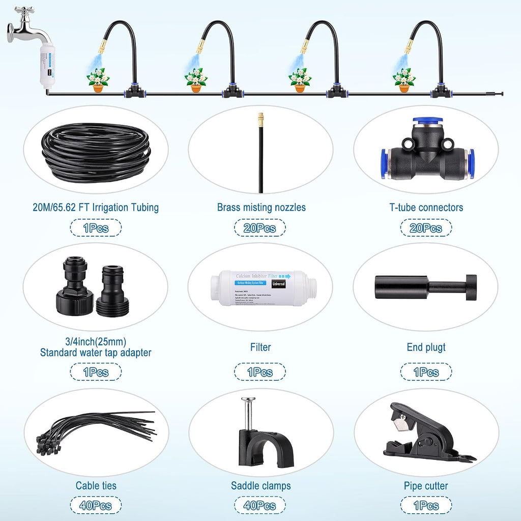 Drip Irrigation Kits Auto Garden Irrigation System Calcium Inhibitor Filter | Includes 66FT 5/16 inch Irrigation Tubing