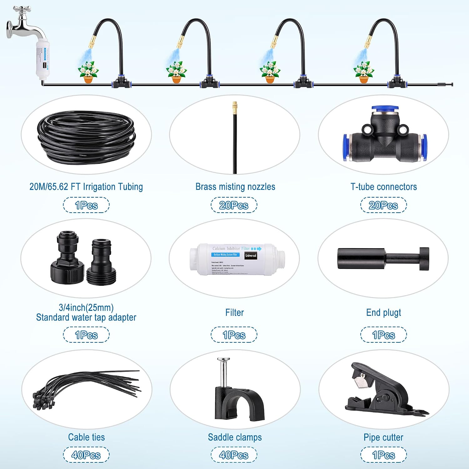 Drip Irrigation Kits Auto Garden Irrigation System Calcium Inhibitor Filter | Includes 66FT 5/16 inch Irrigation Tubing