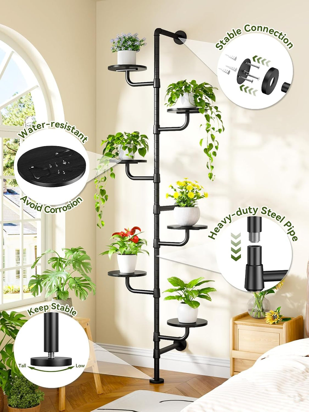 Plant Stand Indoor, Tall Wall Mounted Metal Pole, 6-Tier, Black | Rotating Wooden Board Plant Holder for French Window