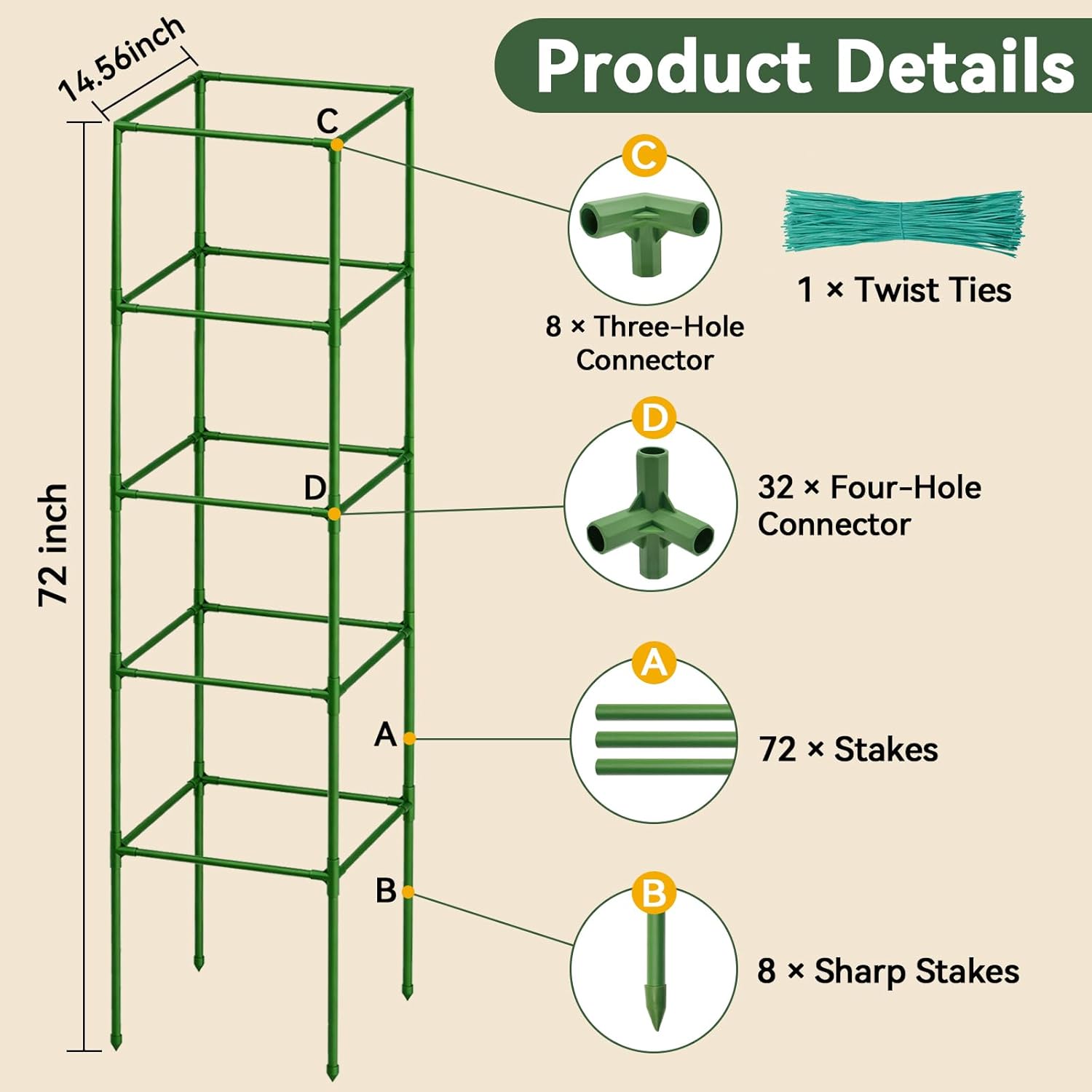 2 Pack 72" Tomato Cages for Garden, Heavy Duty Adjustable Plant Support | For Climbing Plants and Vegetables