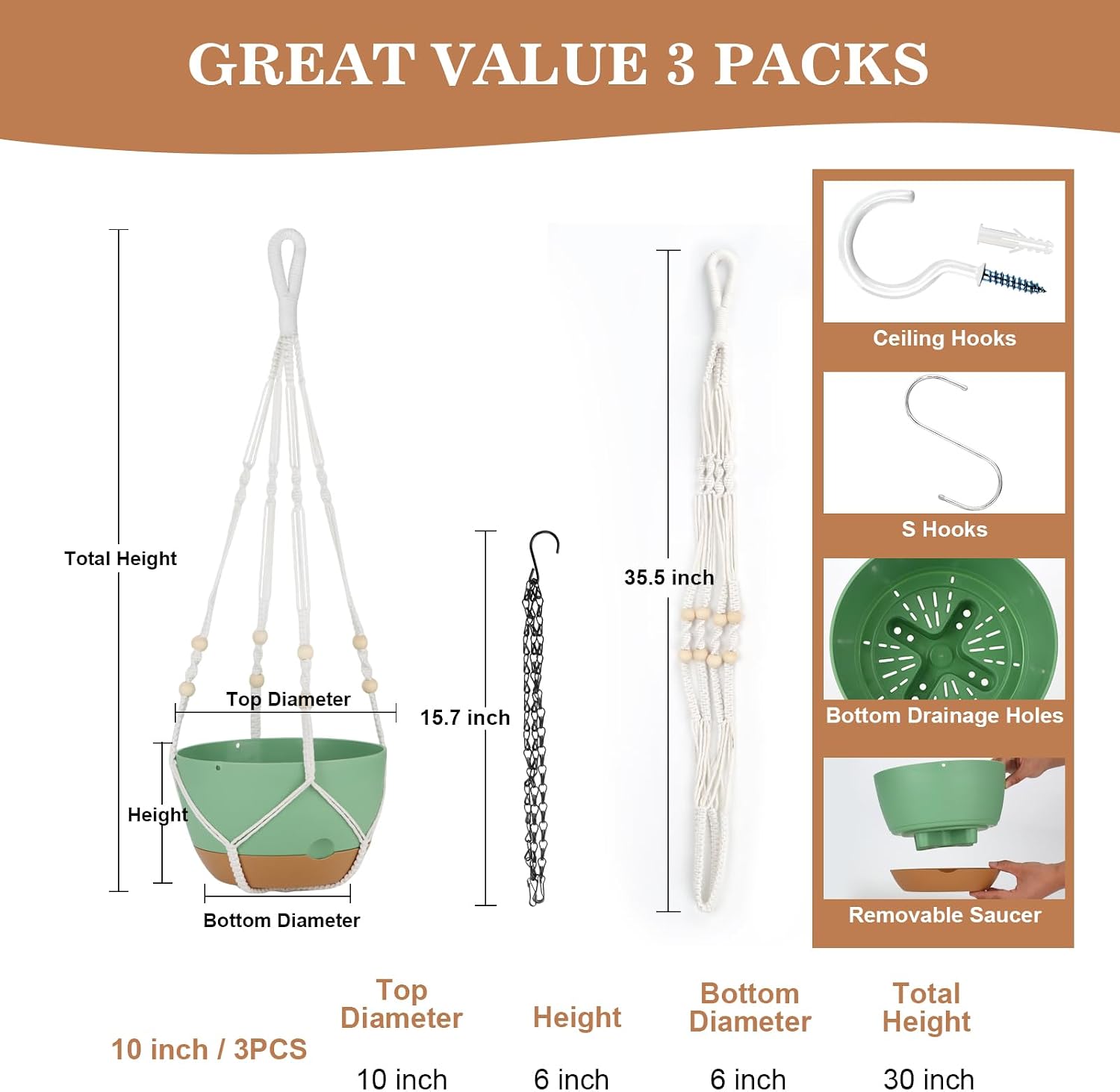 Self Watering Hanging Planter, 3 Pack 10 Inch Macrame Plant Hanger with Flower Pot, Metal Chain, S & Ceiling Hooks