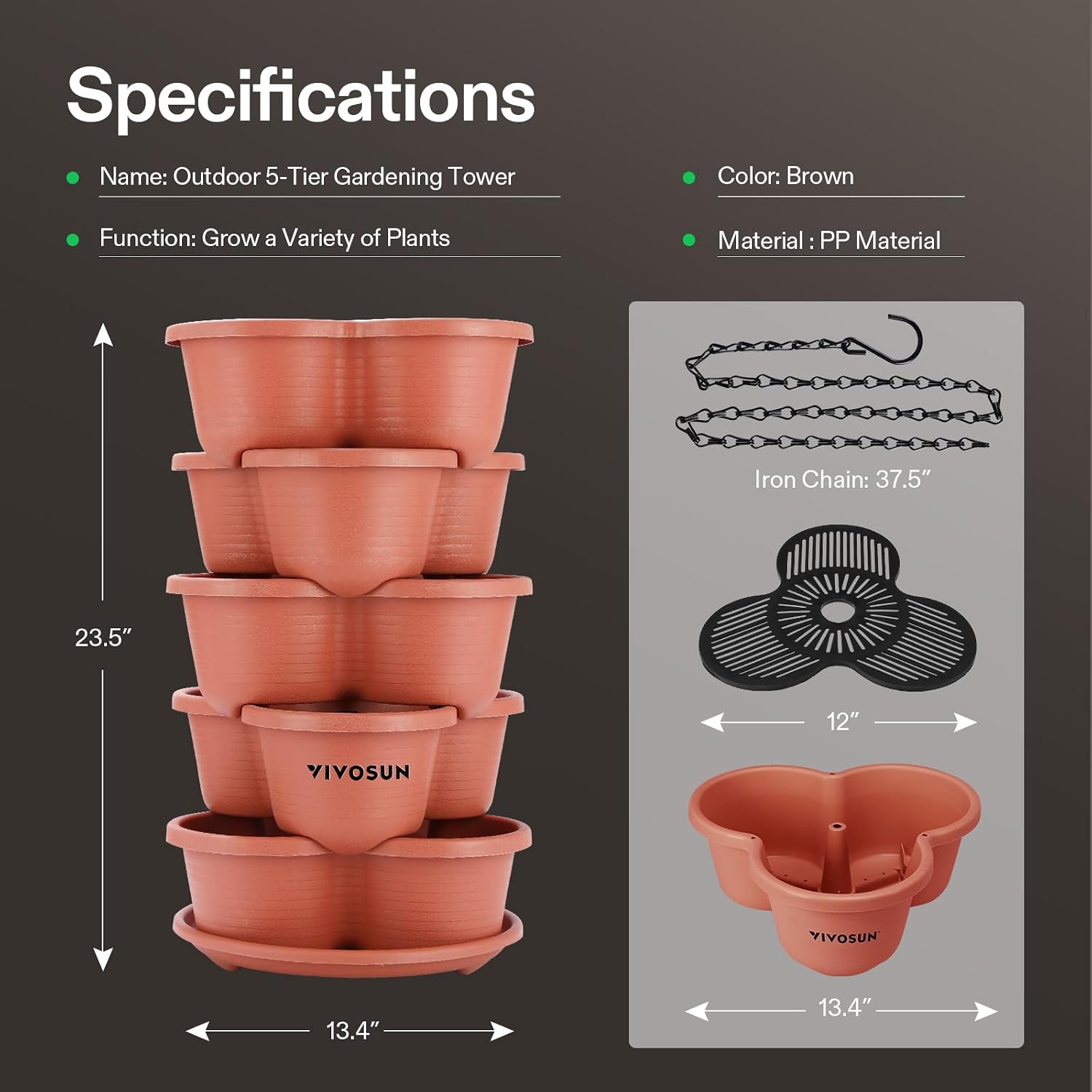 VIVOSUN 5 Tier Vertical Gardening Stackable Planter for Flowers, Brown | Planter for Flowers, Herbs, Vegetables, Brown