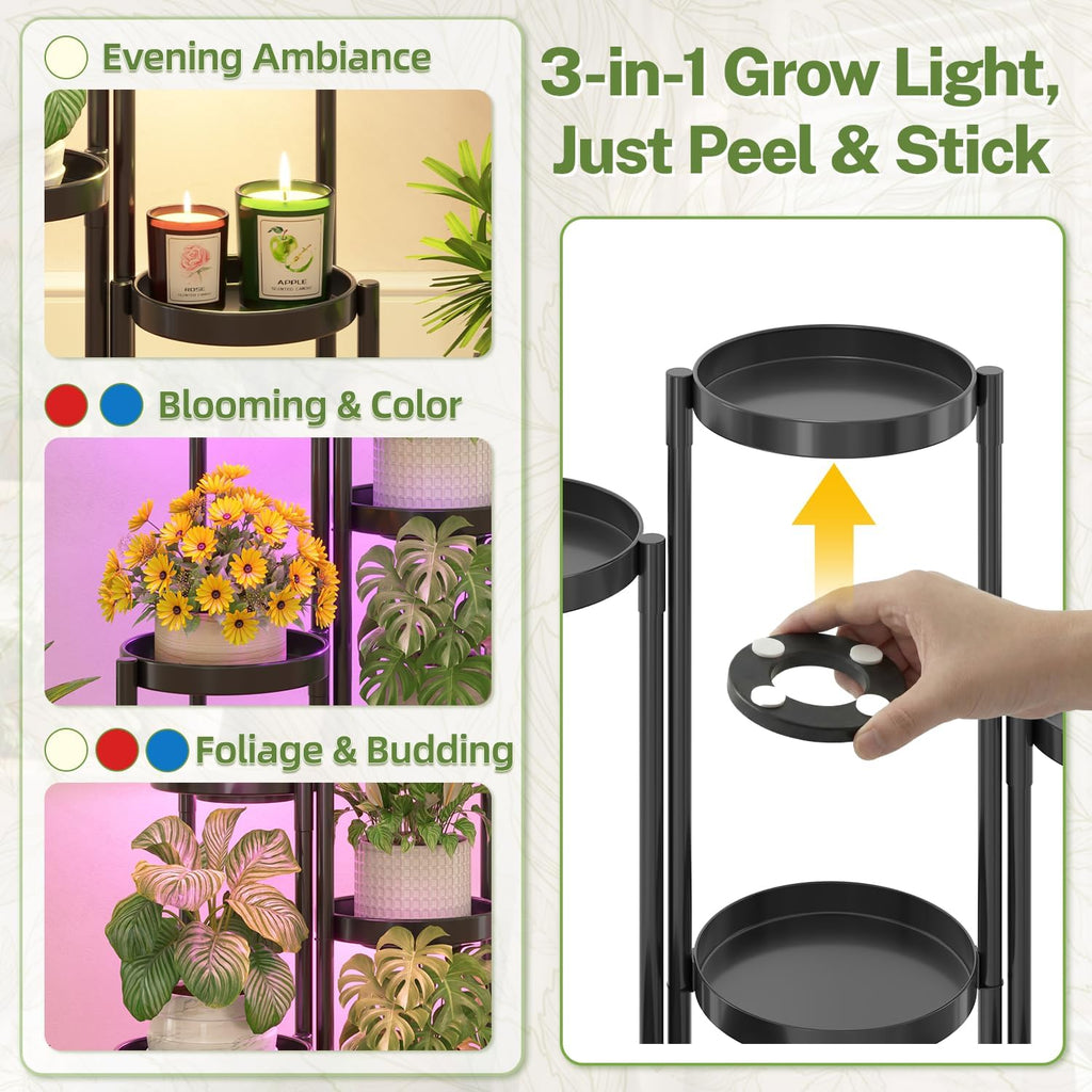 iDavosic.ly Plant Stand Indoor with Grow Lights, 6 Tier Metal Shelf, Black | Corner Tiered Flower Display Holder