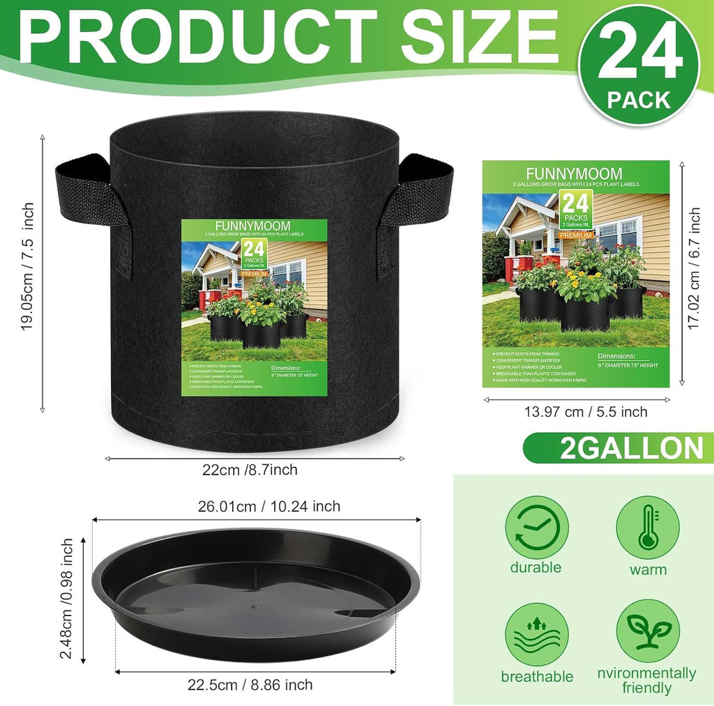 Funnymoom 24 Sets 2 Gallon Grow Bag with Plant Saucers, Durable Aeration Fabric Pots with Handles Black Drainage