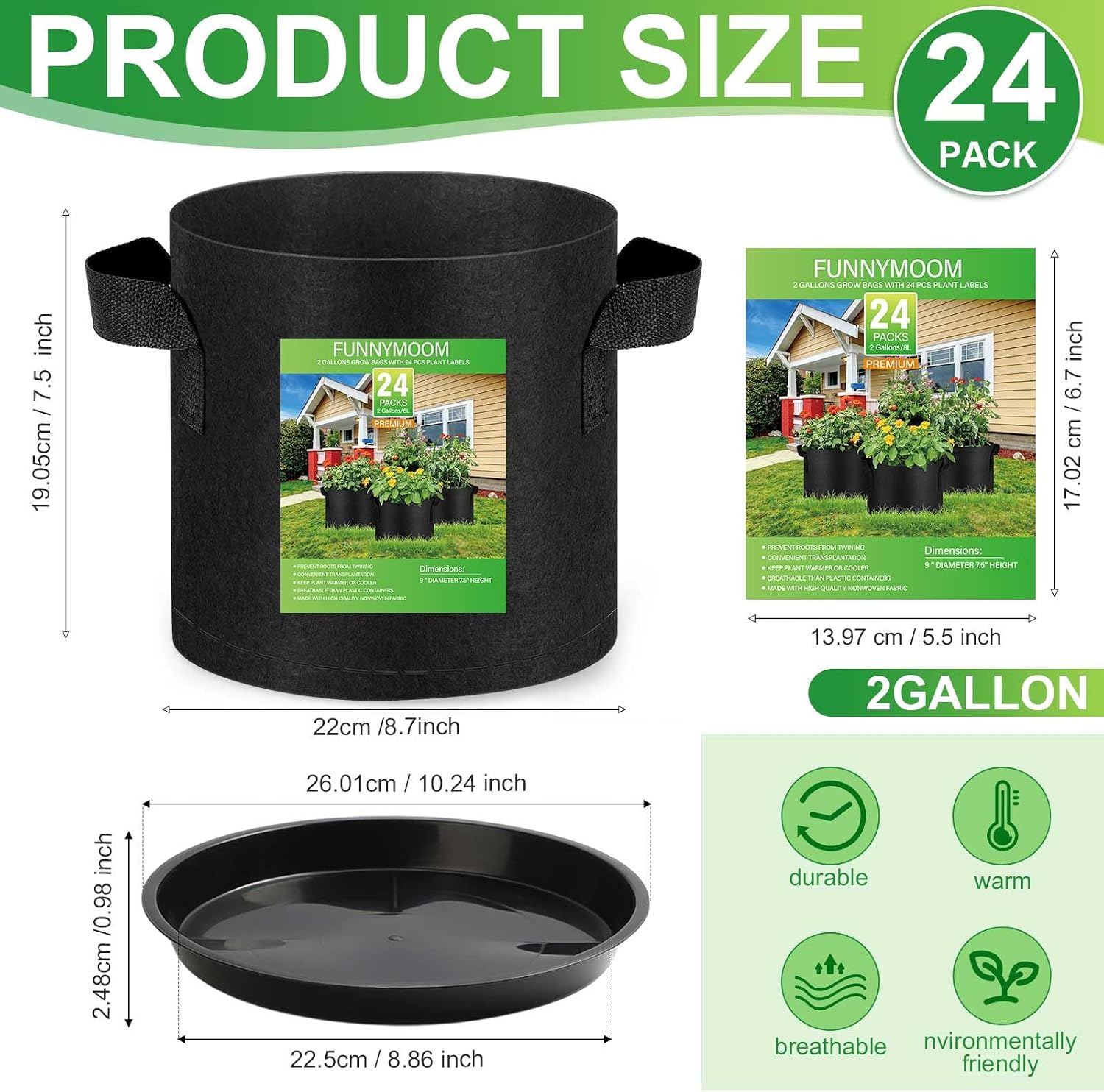 Funnymoom 24 Sets 2 Gallon Grow Bag with Plant Saucers, Durable Aeration Fabric Pots with Handles Black Drainage