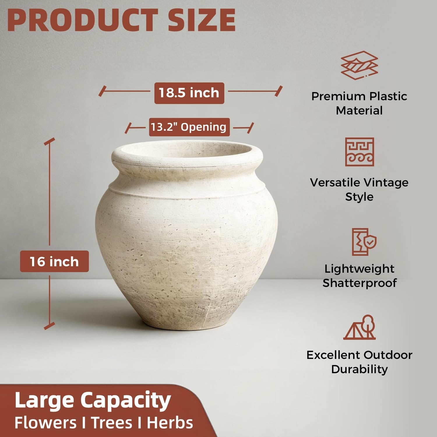 16 Inch Tall Round Planter Pot, 18.5" Dia Lightweight Plastic Planter | Removable Insert, Drainage Hole & Plug