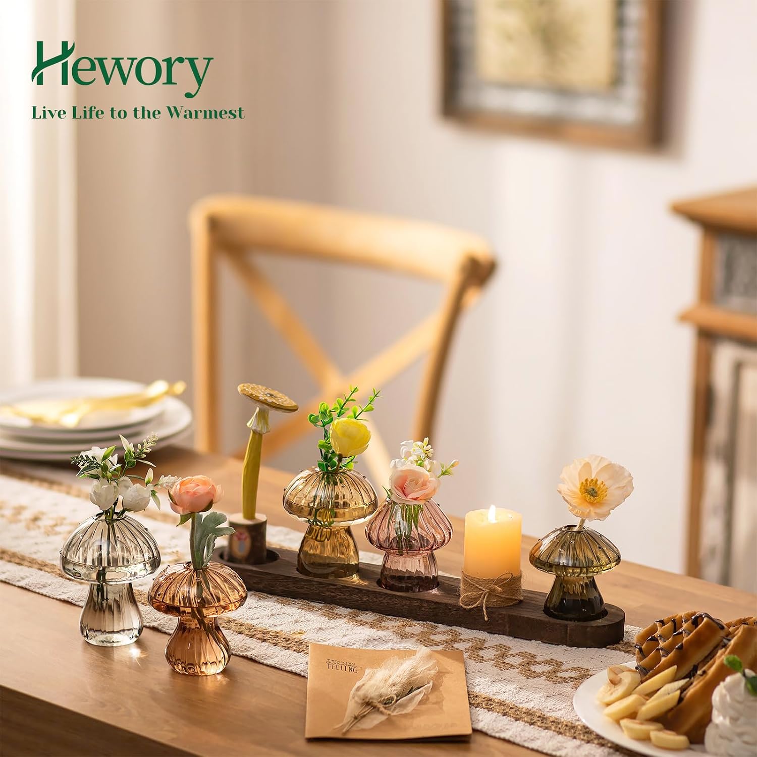 Hewory Plant Propagation Stations: 5PCS Amber Mushroom Vase with Wood Tray | Gifts for Plant Lovers, Mother