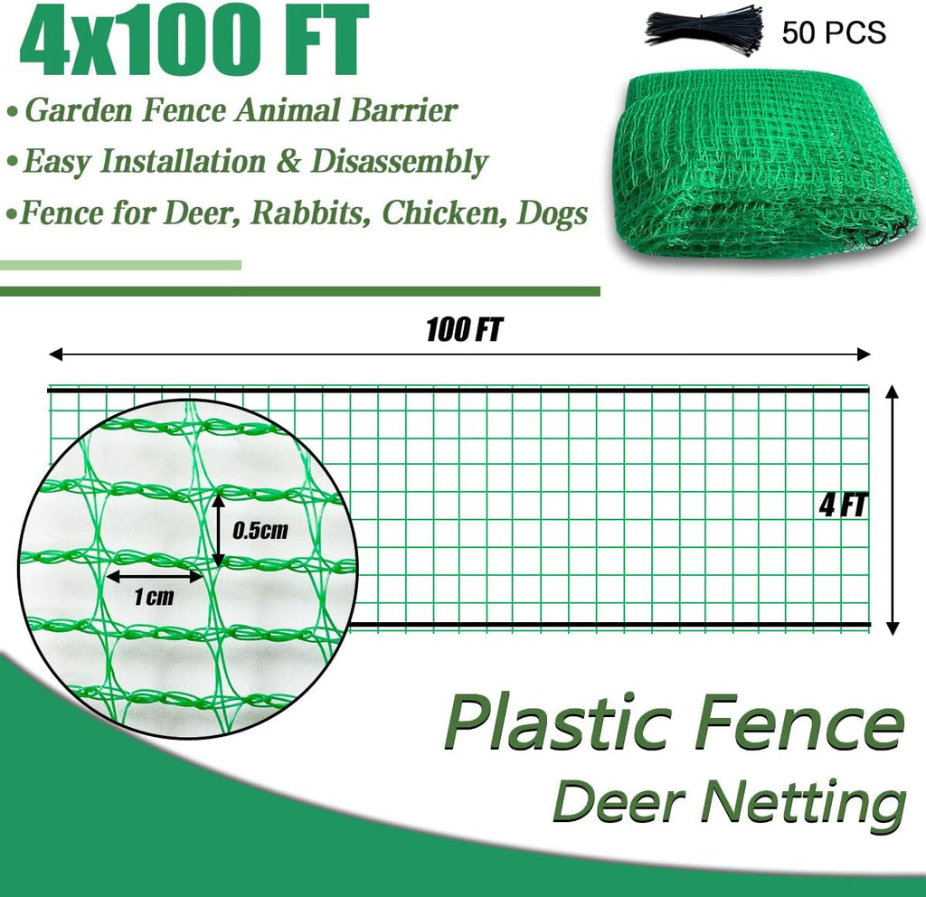Garden Fence 4 x 100 FT,0.4" Mesh Plastic Fencing,50PCS Zip Ties | Deer Fence Temporary Fence Snow Fence Safety