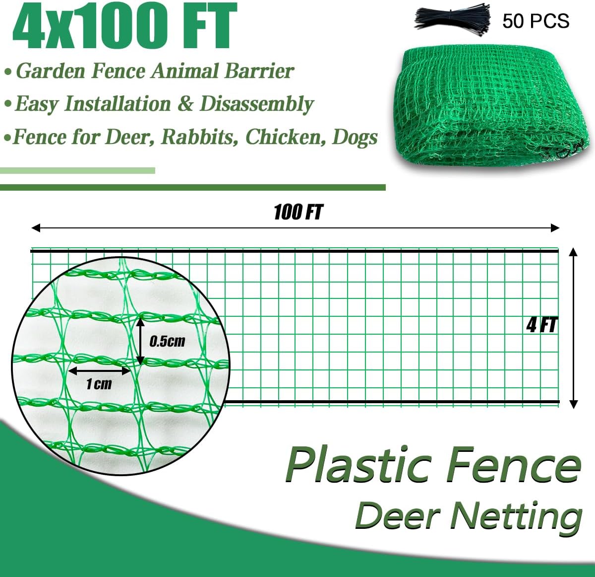 Garden Fence 4 x 100 FT,0.4" Mesh Plastic Fencing,50PCS Zip Ties | Deer Fence Temporary Fence Snow Fence Safety