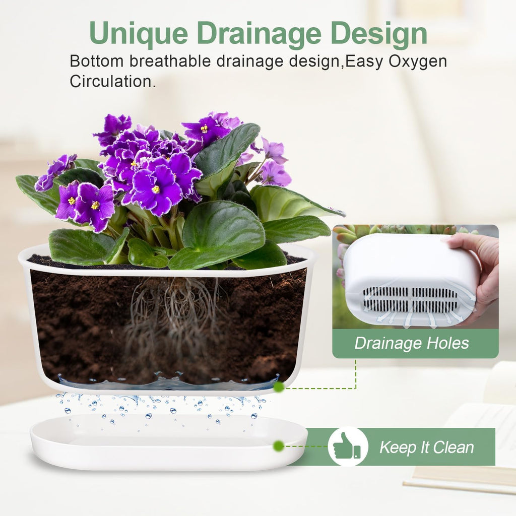 Set of 8 White Oval Window Sill Planters with Drainage Holes and Trays（7 Inch） for Herbs Basil Orchids Succulents