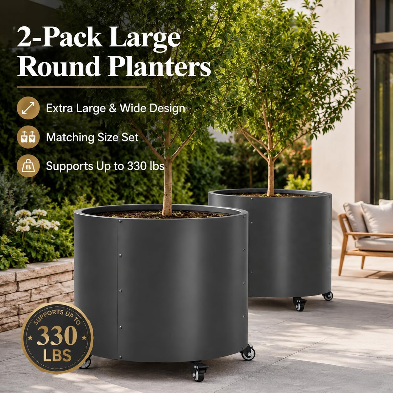2 Pack Rolling Planter for Tree,Large Metal Tree Pots for Outdoor | 22"x 24" Round Planter Box with 4 Drainage Holes &