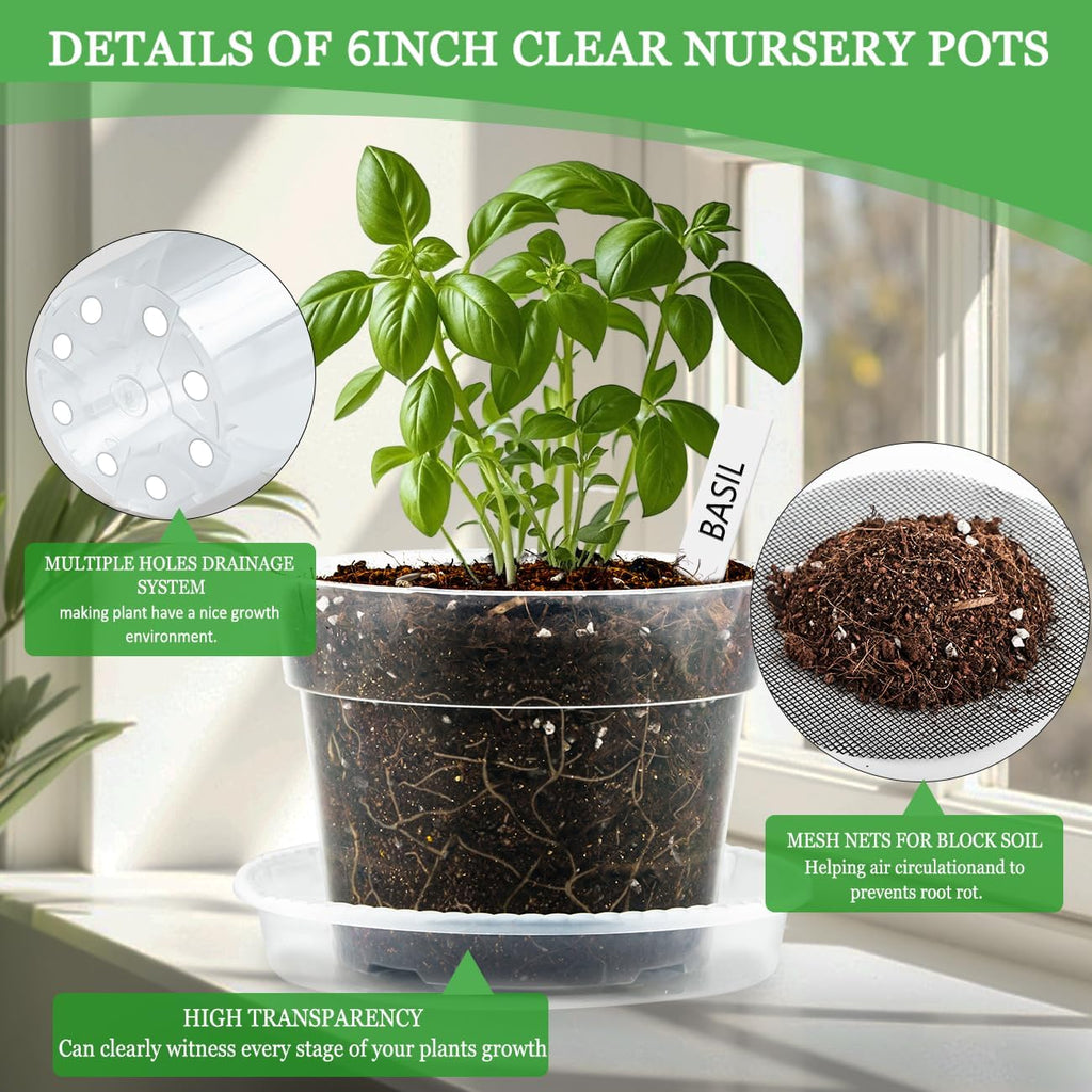 BTPLASTIK 6 Inch Clear Nursery Pots with Humidity Domes 15 Pack, Transparent Plastic Plant Pot with Drainage Holes and