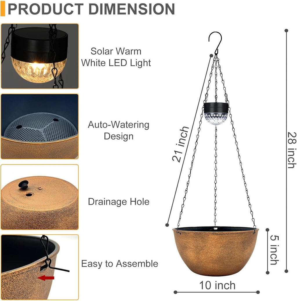 SUNNYPARK 2 Pack Solar Hanging Planters for Plants Outdoor | Self Watering, Bronze Flower Pots with Solar Light