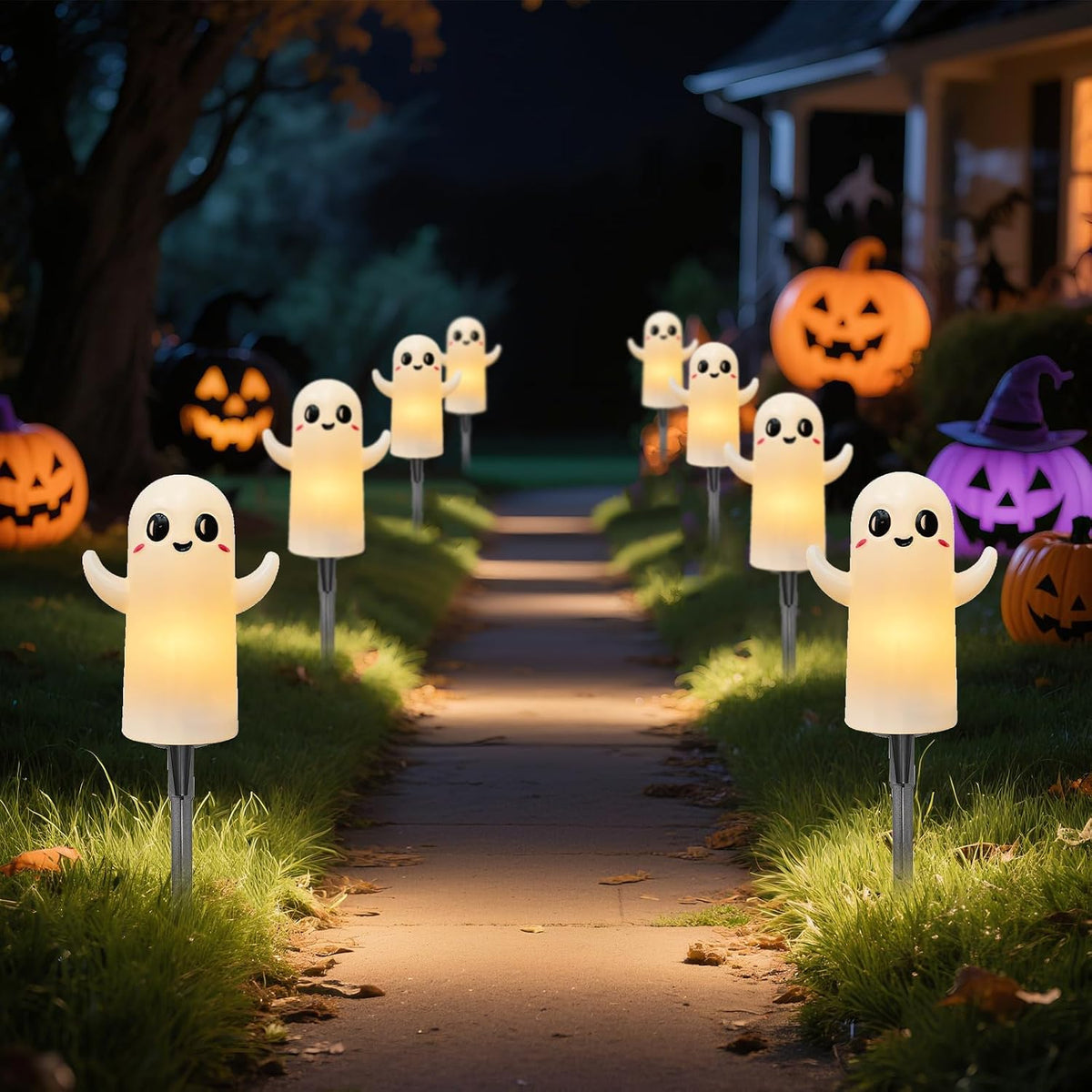 Oviejo 4 Pack Halloween Ghost Pathway Lights, 7FT LED Stake Lights Plug in