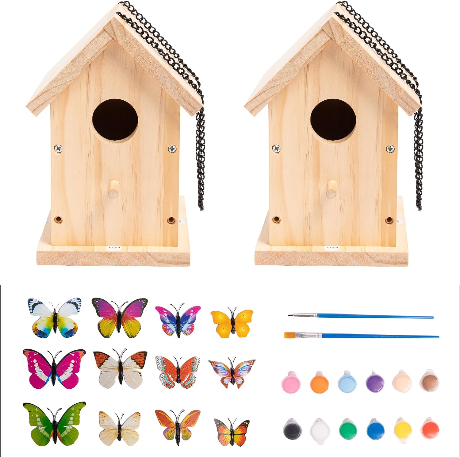 HPC Decor 2 Pack Bird Houses for Outside w/Chain,Natural Wooden Birdhouses Kit for Outdoors w/Predator Guard,Hanging