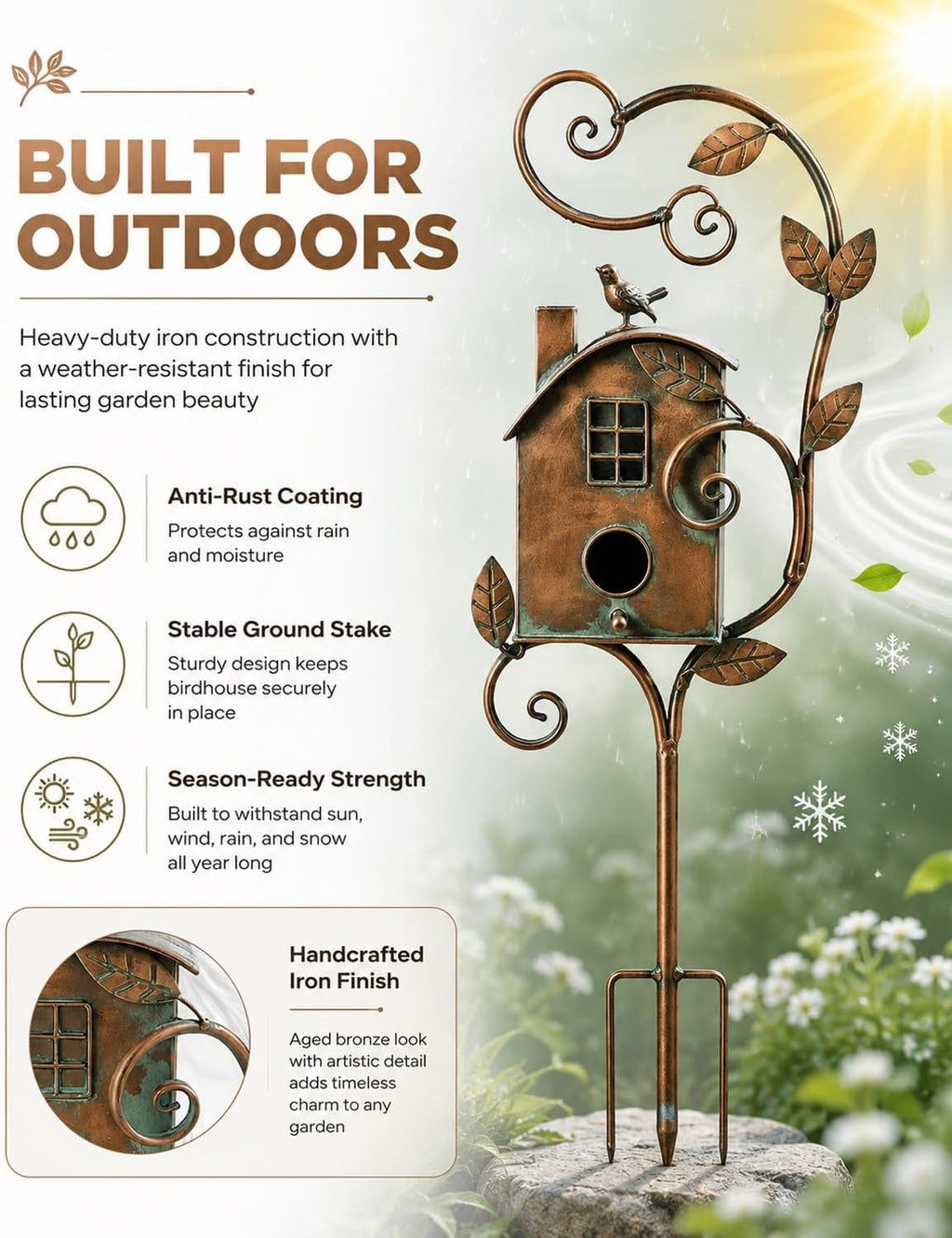 Handmade Iron Birdhouse Metal Garden Stake Bird House with Pole Stand | Rustic Outdoor Decorative Nesting Box for Yard
