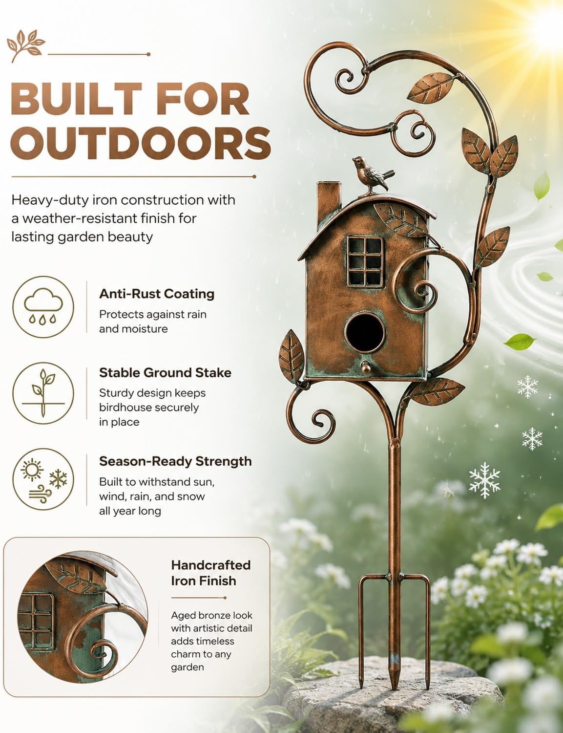 Handmade Iron Birdhouse Metal Garden Stake Bird House with Pole Stand | Rustic Outdoor Decorative Nesting Box for Yard