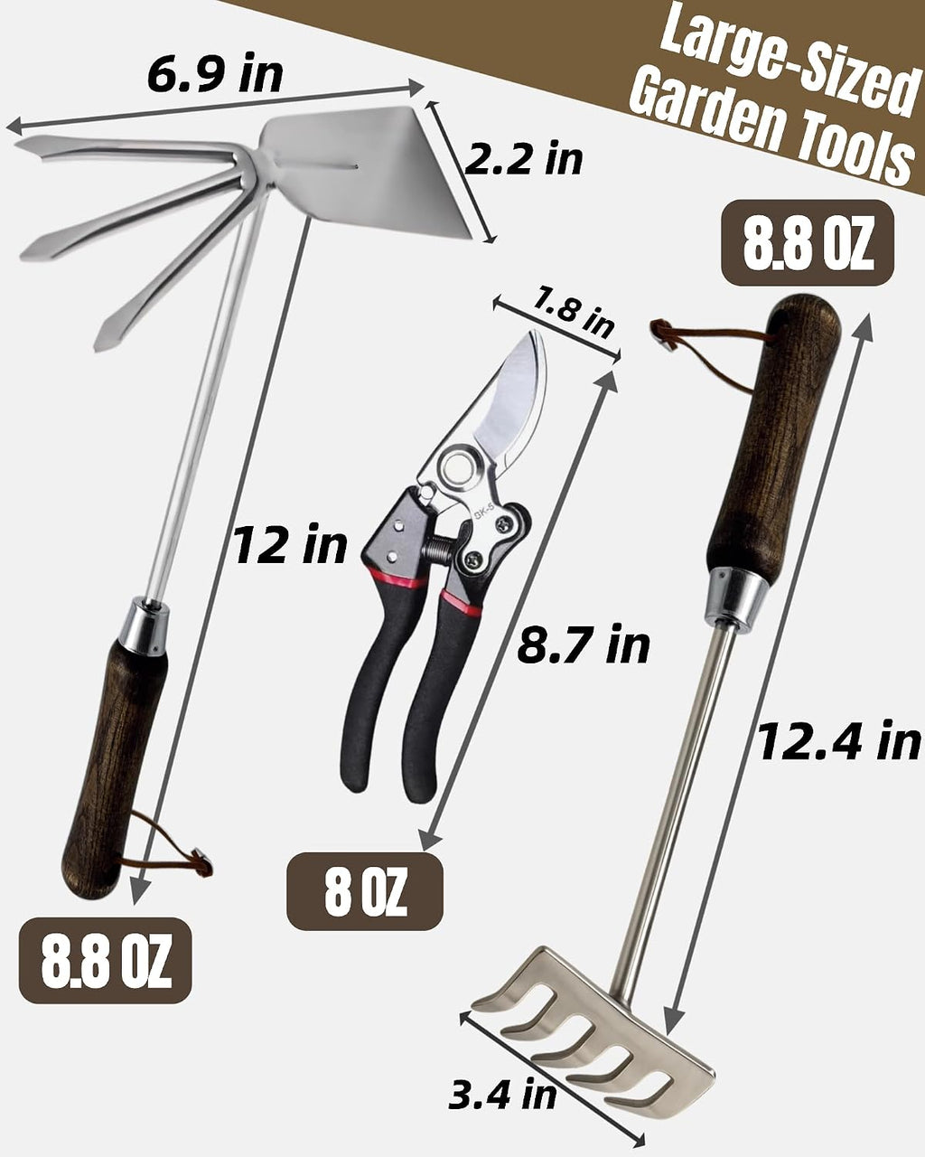 Garden Tool Set, 6PCS Heavy Duty Stainless Steel Gardening Hand Tools with Ropes, Includes Hand Cultivator Shovel
